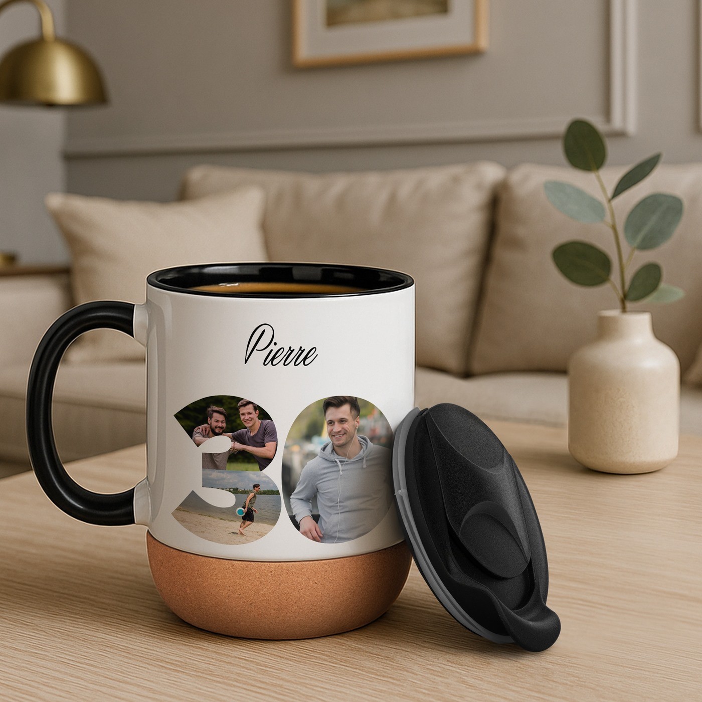 Mug de cerámica Murrano con base de corcho y tapa para regalo de cumpleaños de 30 años