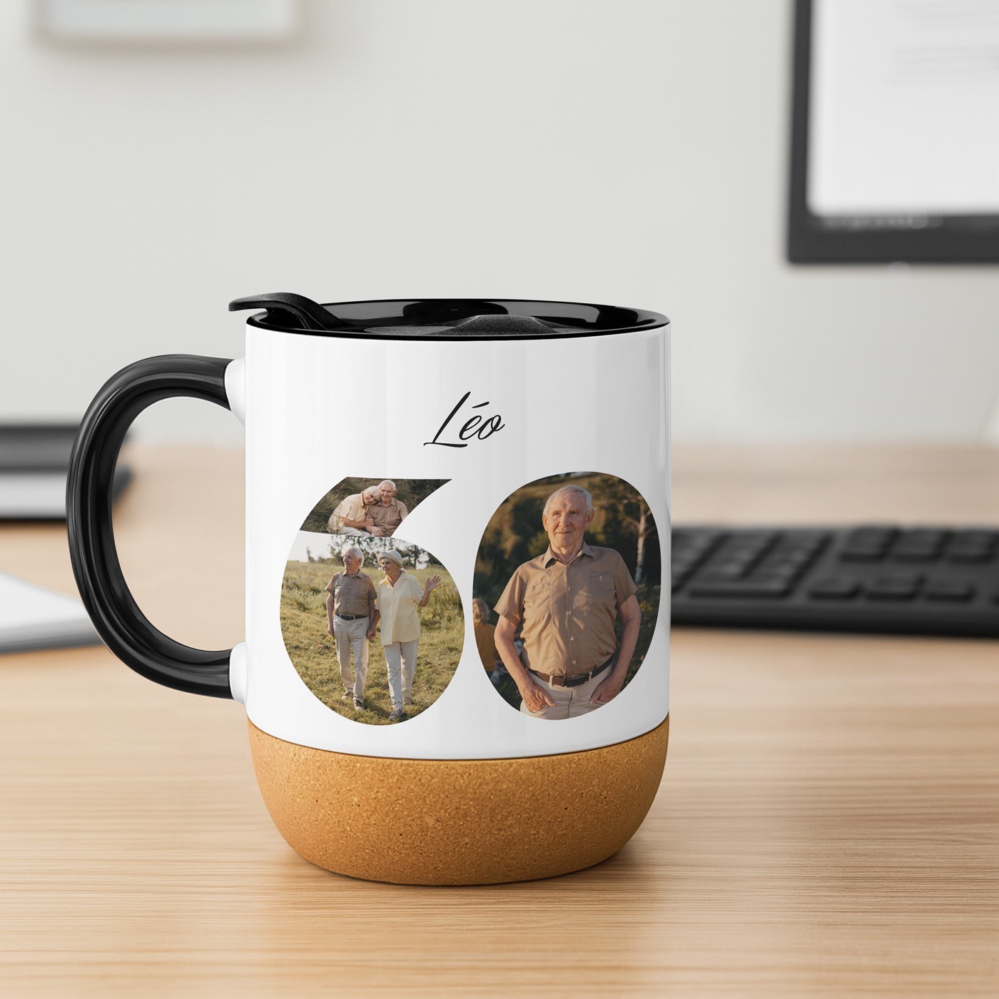 Tasse en céramique Murrano avec fond en liège et couvercle pour l'anniversaire des 60 ans de votre grand-père