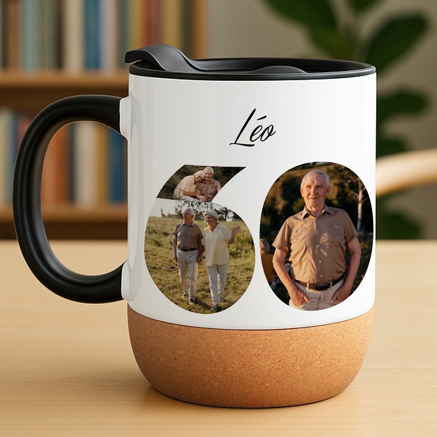 Mug de cerámica Murrano con base de corcho y tapa para el 60º aniversario de su abuelo