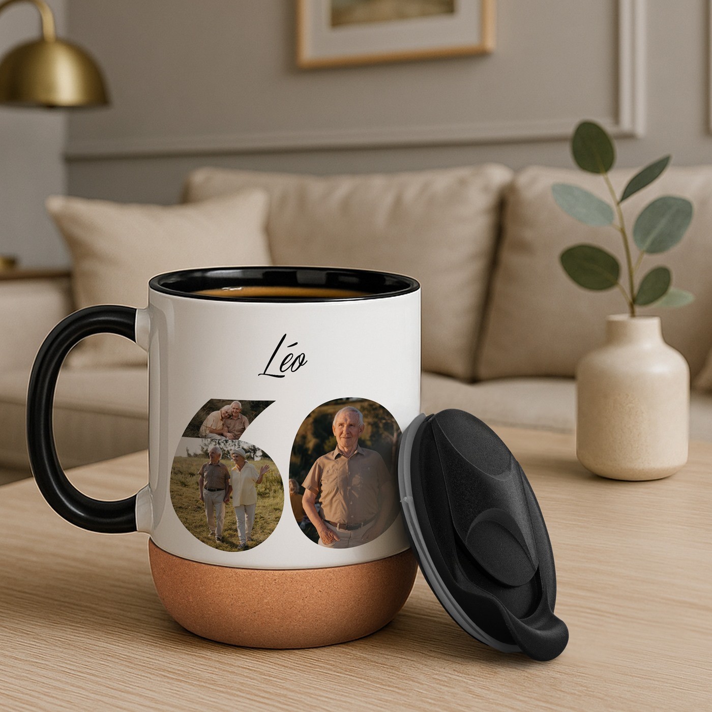 Tasse en céramique Murrano avec fond en liège et couvercle pour l'anniversaire des 60 ans de votre grand-père