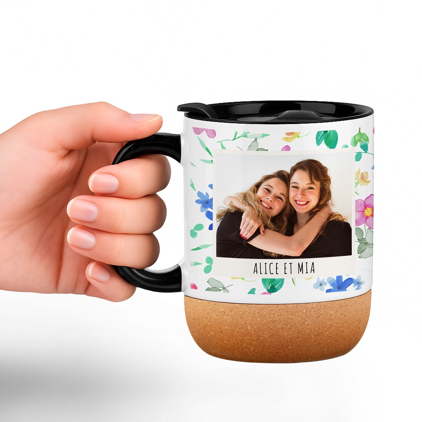 Mug de cerámica blanca Murrano con base de corcho y tapa - Regalo de aniversario para mejor amiga