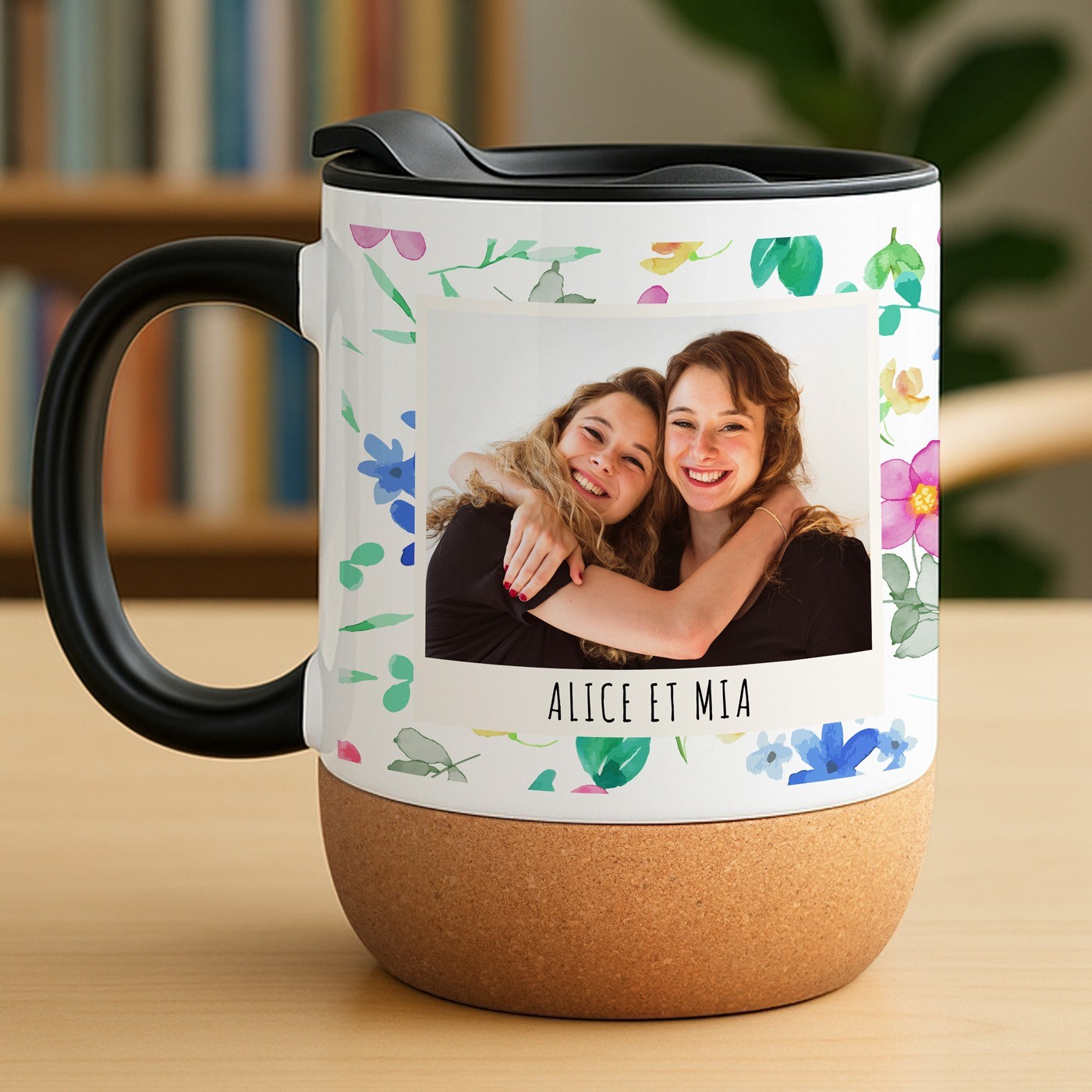Mug de cerámica blanca Murrano con base de corcho y tapa - Regalo de aniversario para mejor amiga