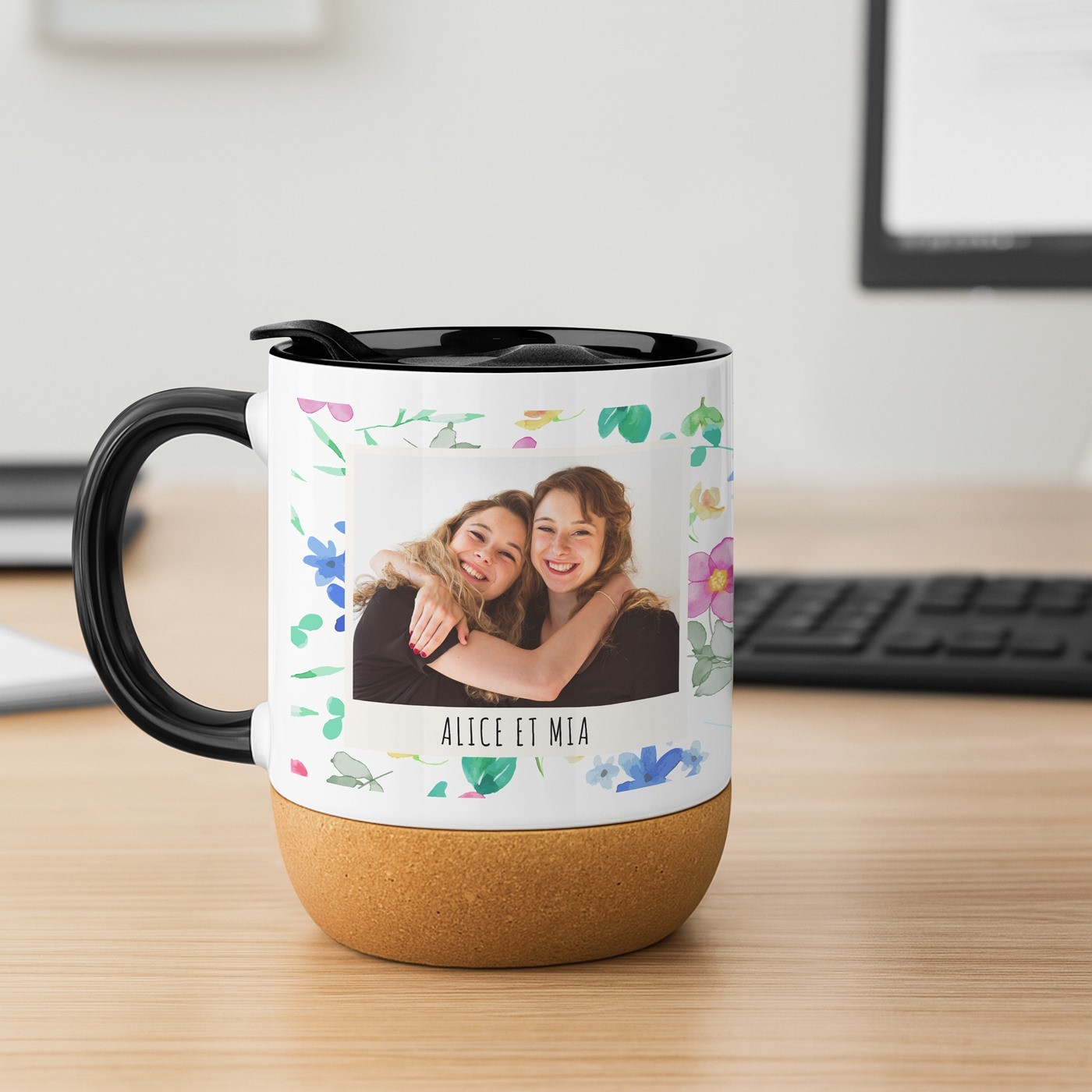 Mug de cerámica blanca Murrano con base de corcho y tapa - Regalo de aniversario para mejor amiga
