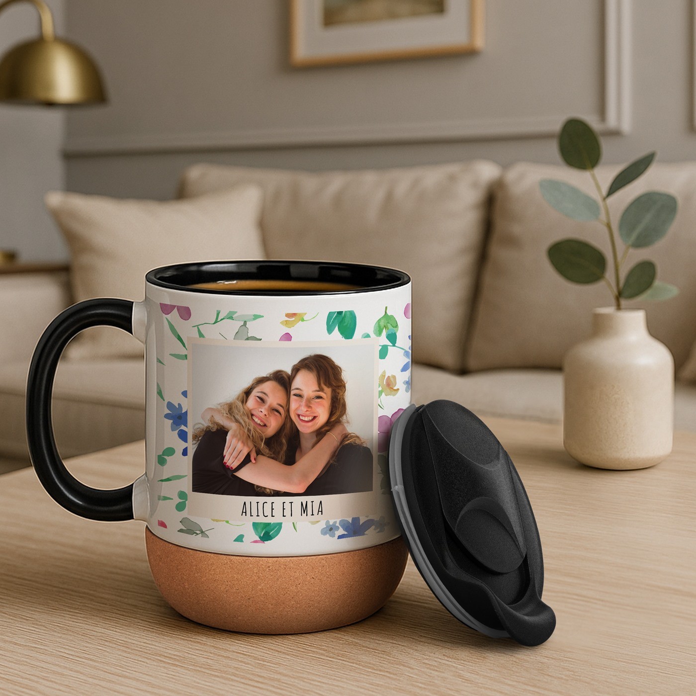Mug de cerámica blanca Murrano con base de corcho y tapa - Regalo de aniversario para mejor amiga