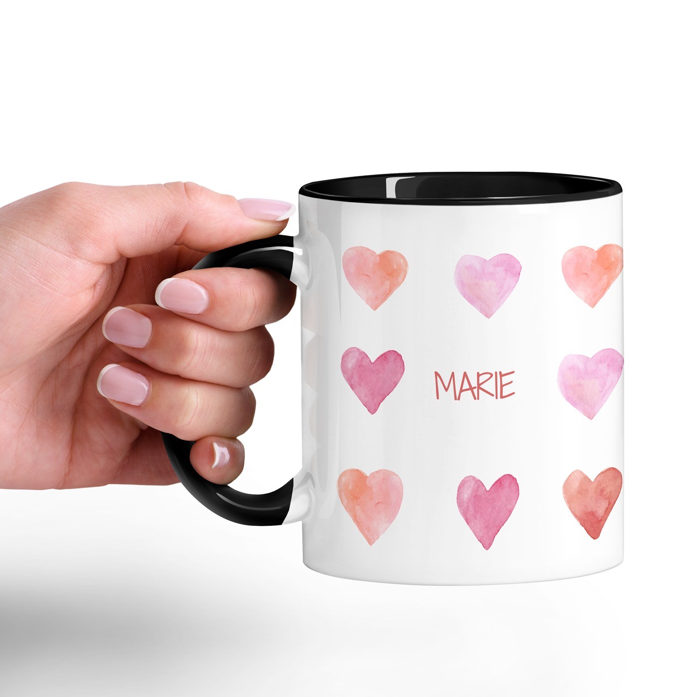 Mug de cerámica blanca Murrano con base negra y personalización para una novia en el Día de San Valentín