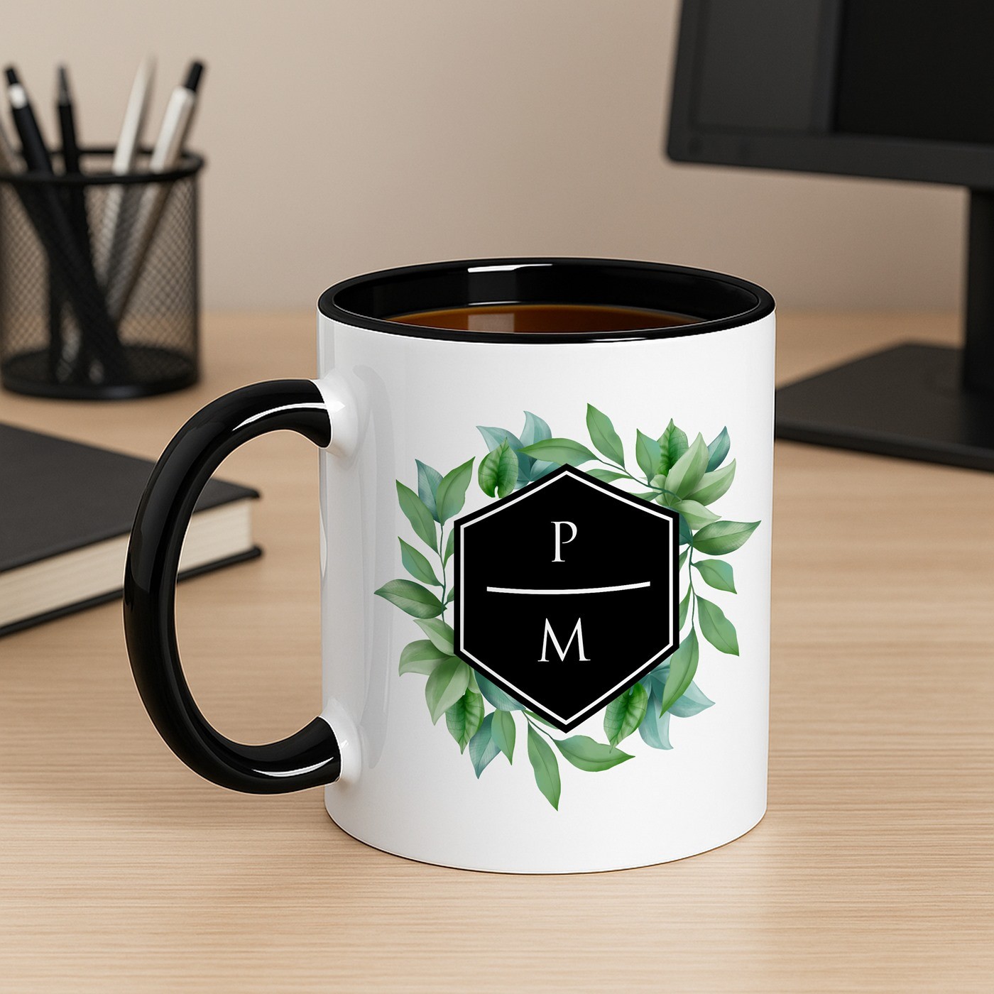 Mug de cerámica blanca y fondo negro personalizado Murrano para él o ella