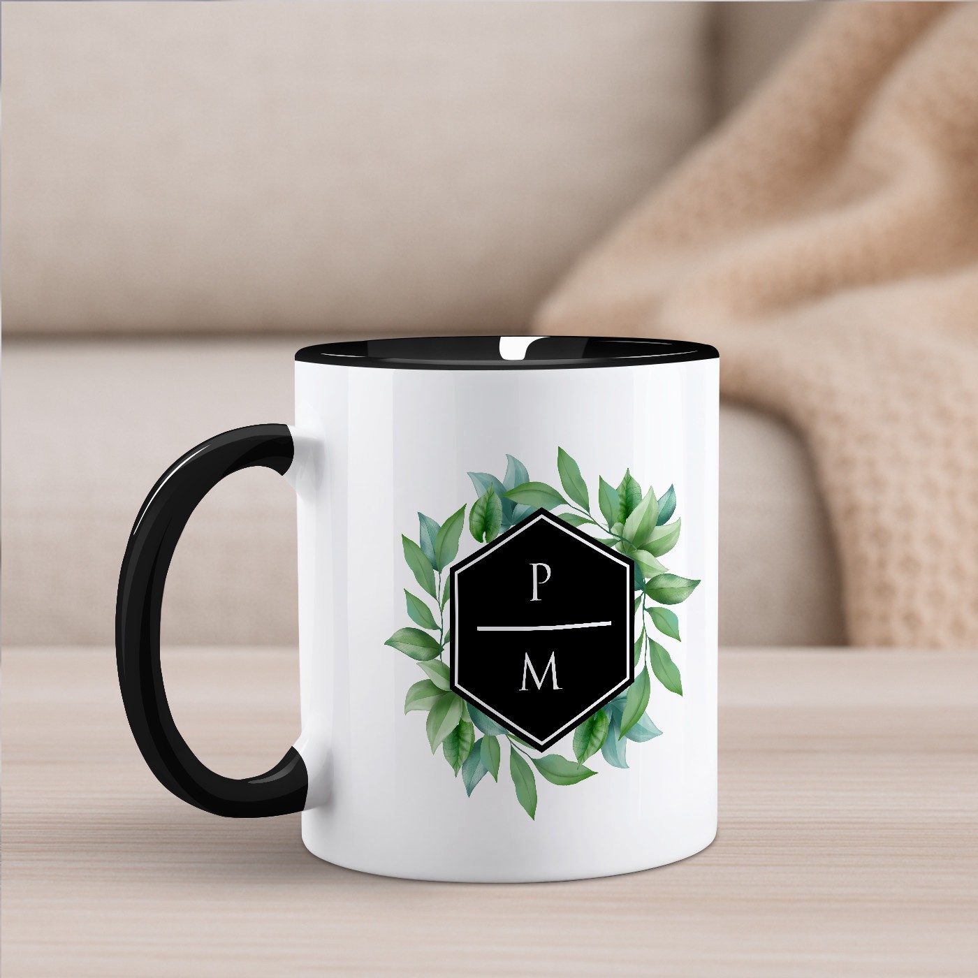 Mug de cerámica blanca y fondo negro personalizado Murrano para él o ella