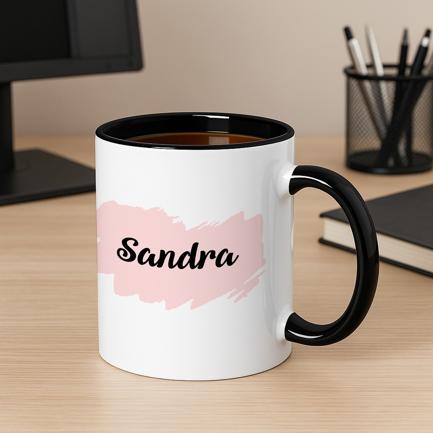 Taza de cerámica blanca Murrano con base negra e impresión personalizada para el cumpleaños de su tía