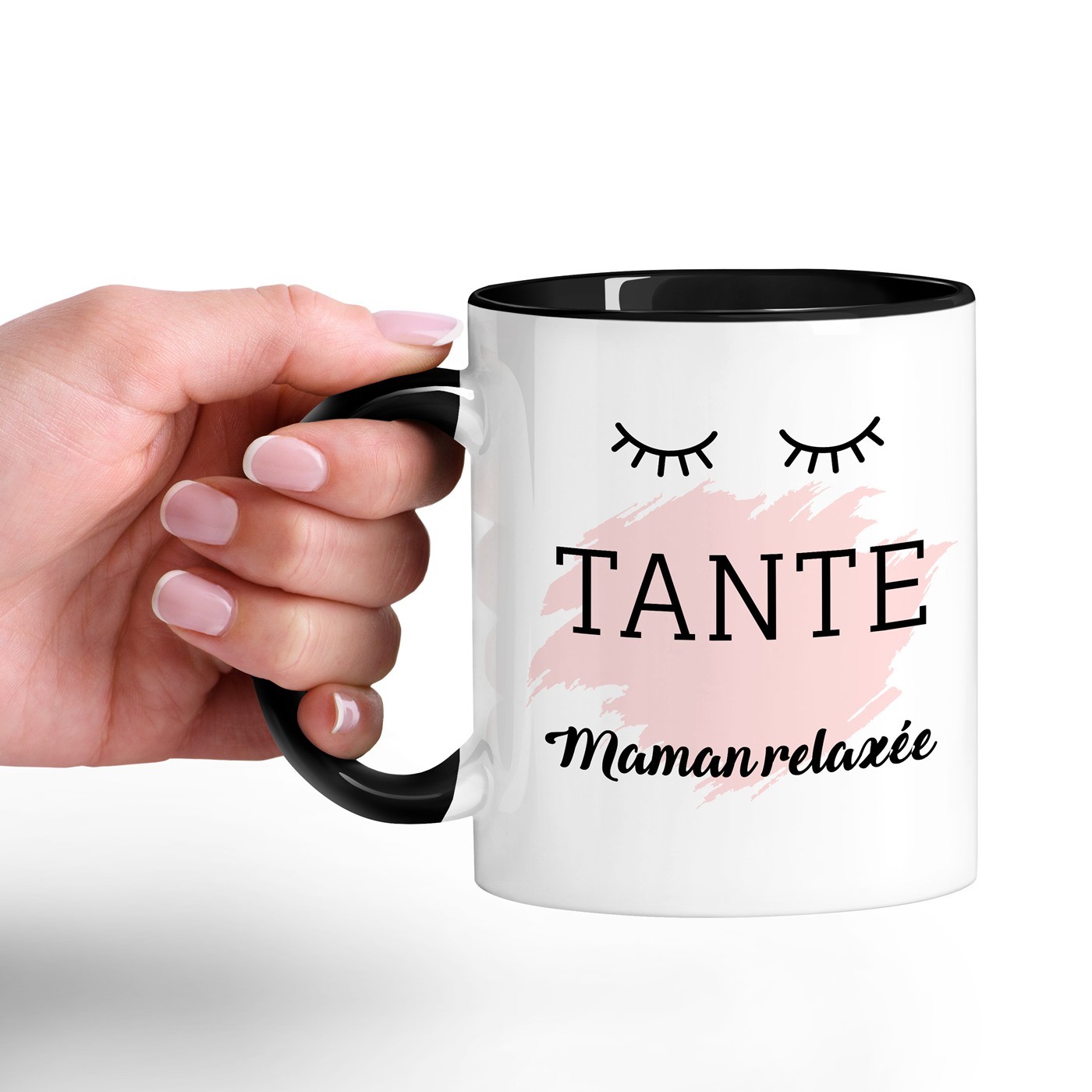 Taza de cerámica blanca Murrano con base negra e impresión personalizada para el cumpleaños de su tía