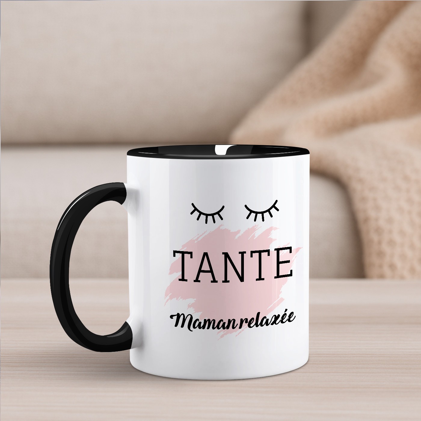 Taza de cerámica blanca Murrano con base negra e impresión personalizada para el cumpleaños de su tía