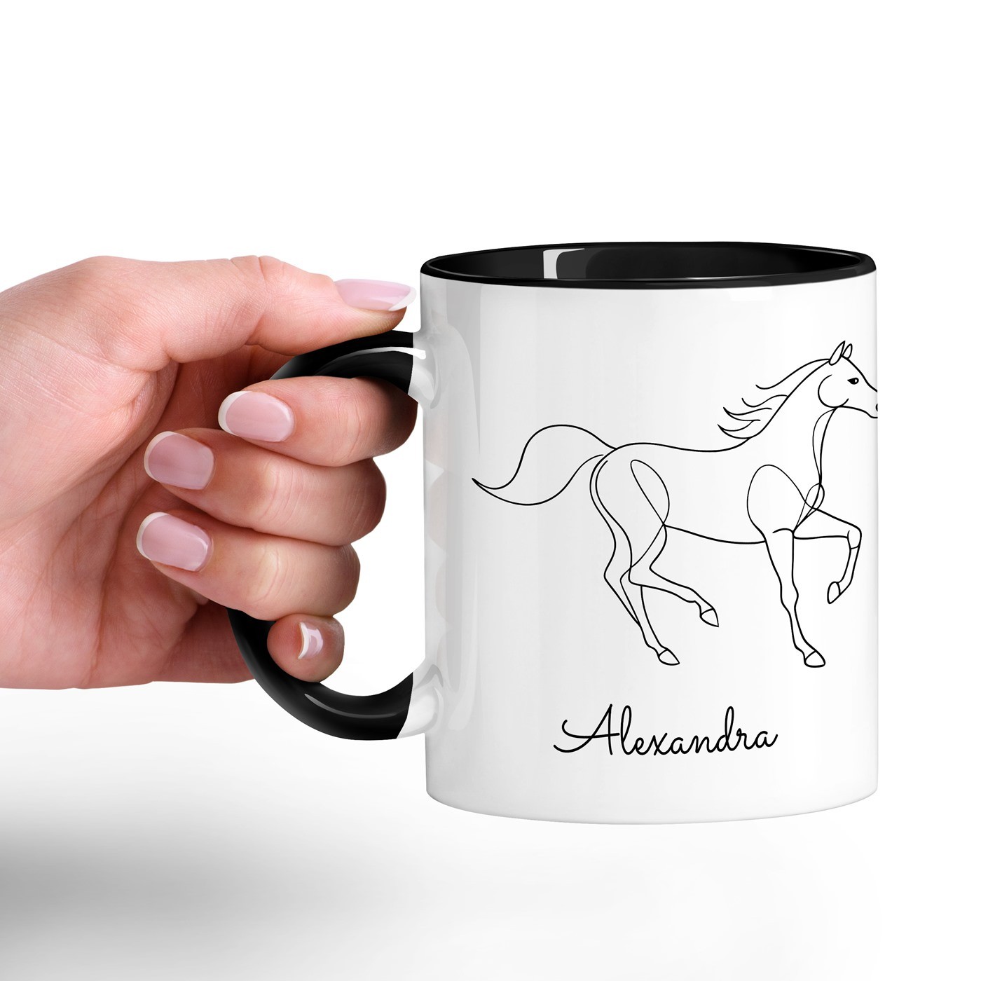 Tasse en céramique blanche Murrano avec fond noir et personnalisation pour l'anniversaire d'une sportive