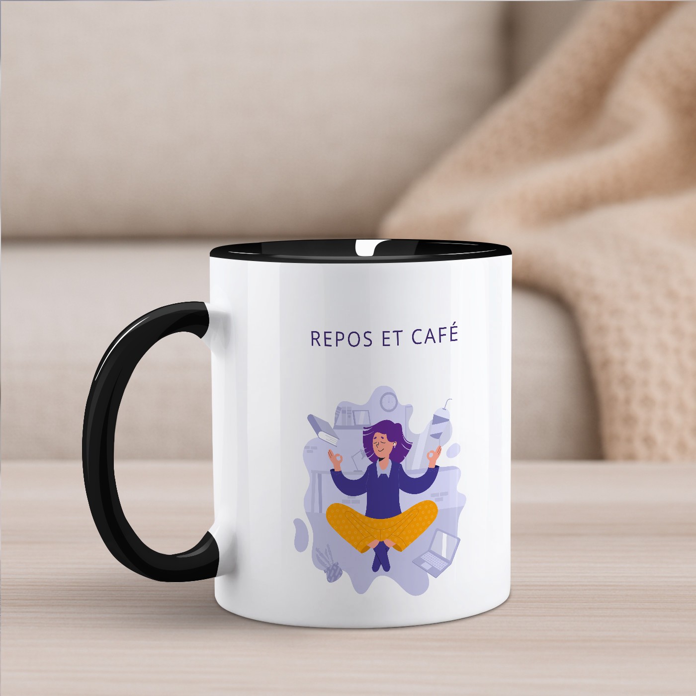 Mug de cerámica blanca y fondo negro personalizado Murrano para profesores