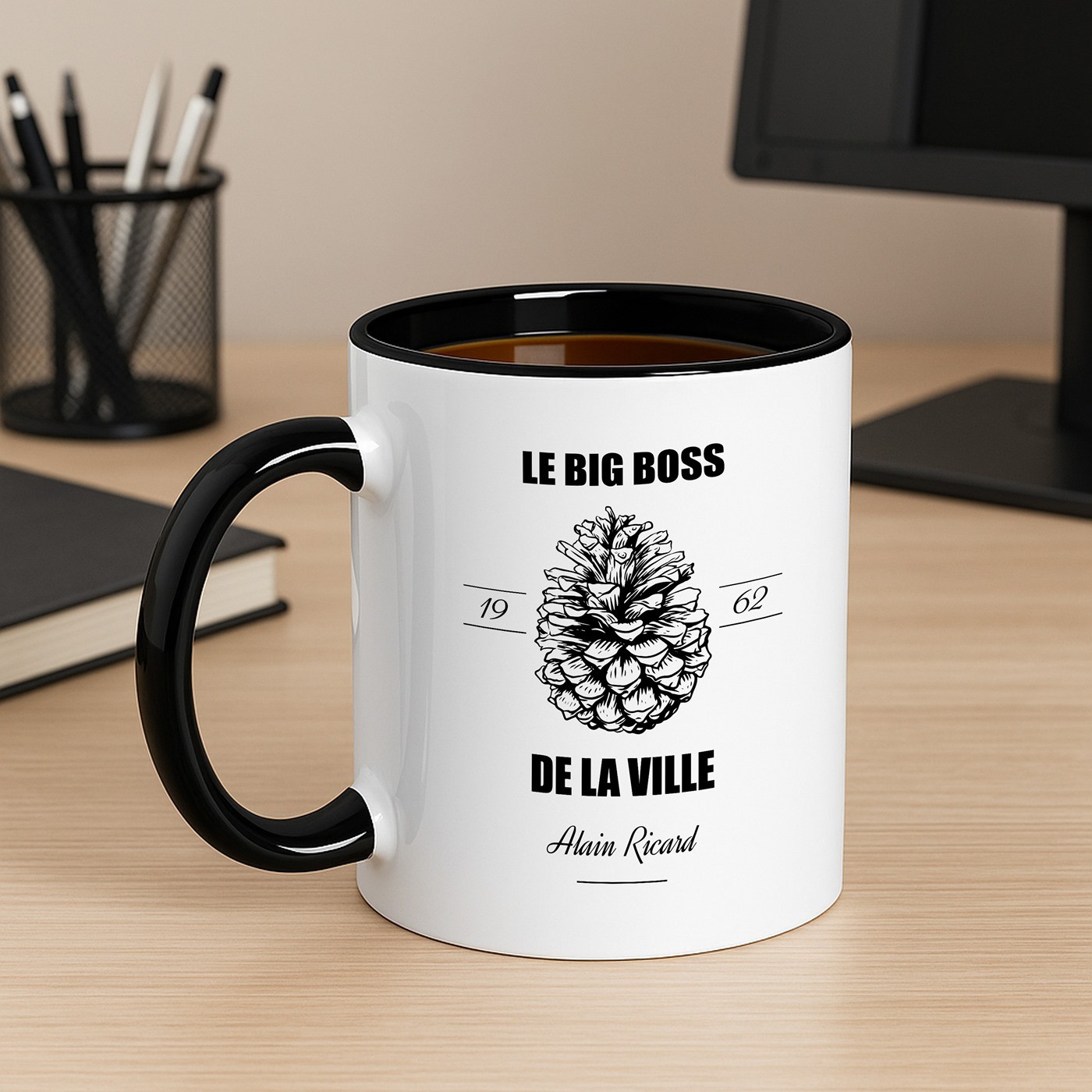 Taza de cerámica personalizada de Murrano con fondo negro y blanco para el cumpleaños de un chef