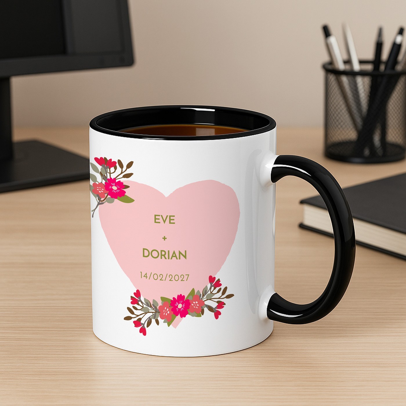 Murrano Personalized Ceramic Mug for Her or Him, White and Black Base with Valentine's Day Print