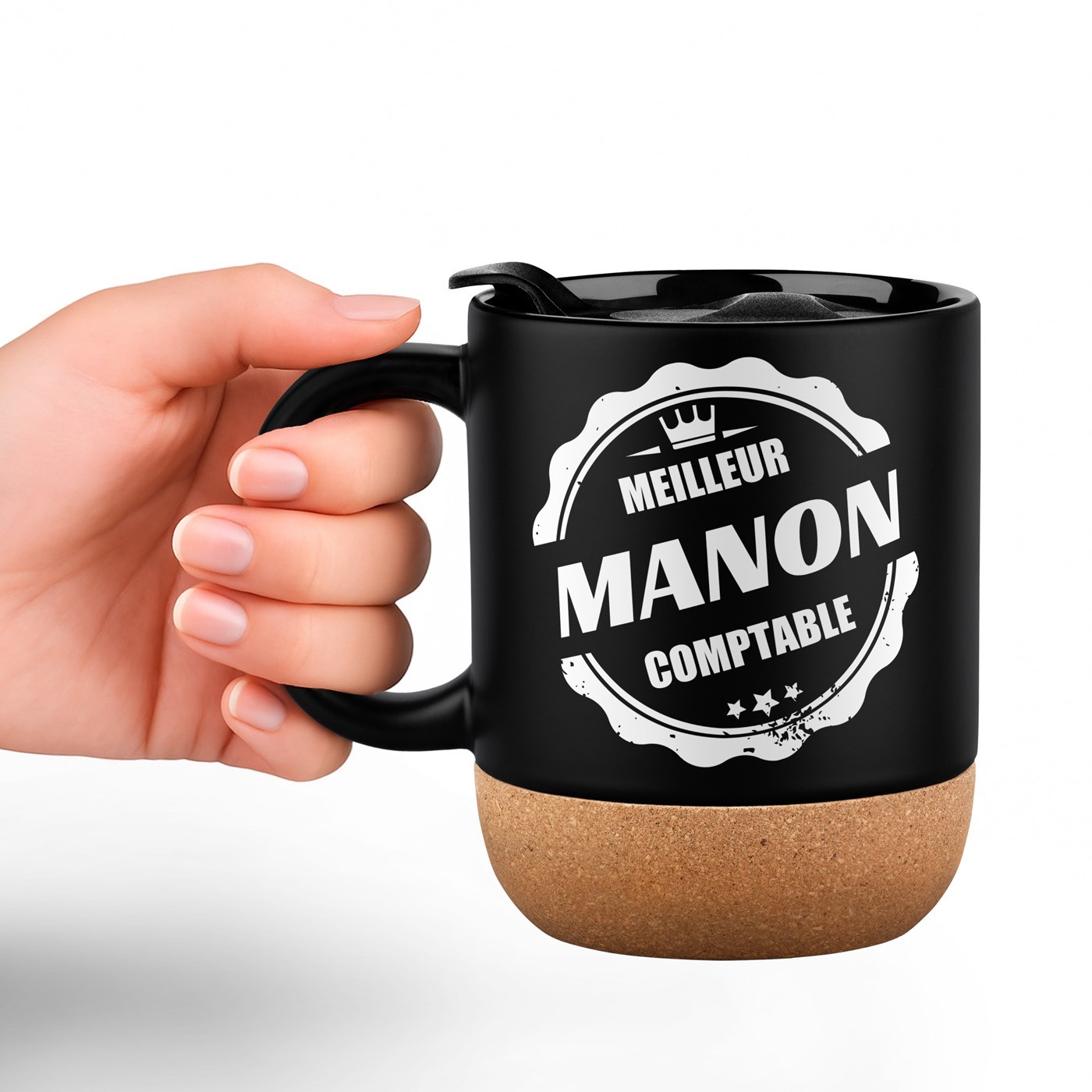 Mug de cerámica negra Murrano con base de corcho y tapa para el cumpleaños de una contadora