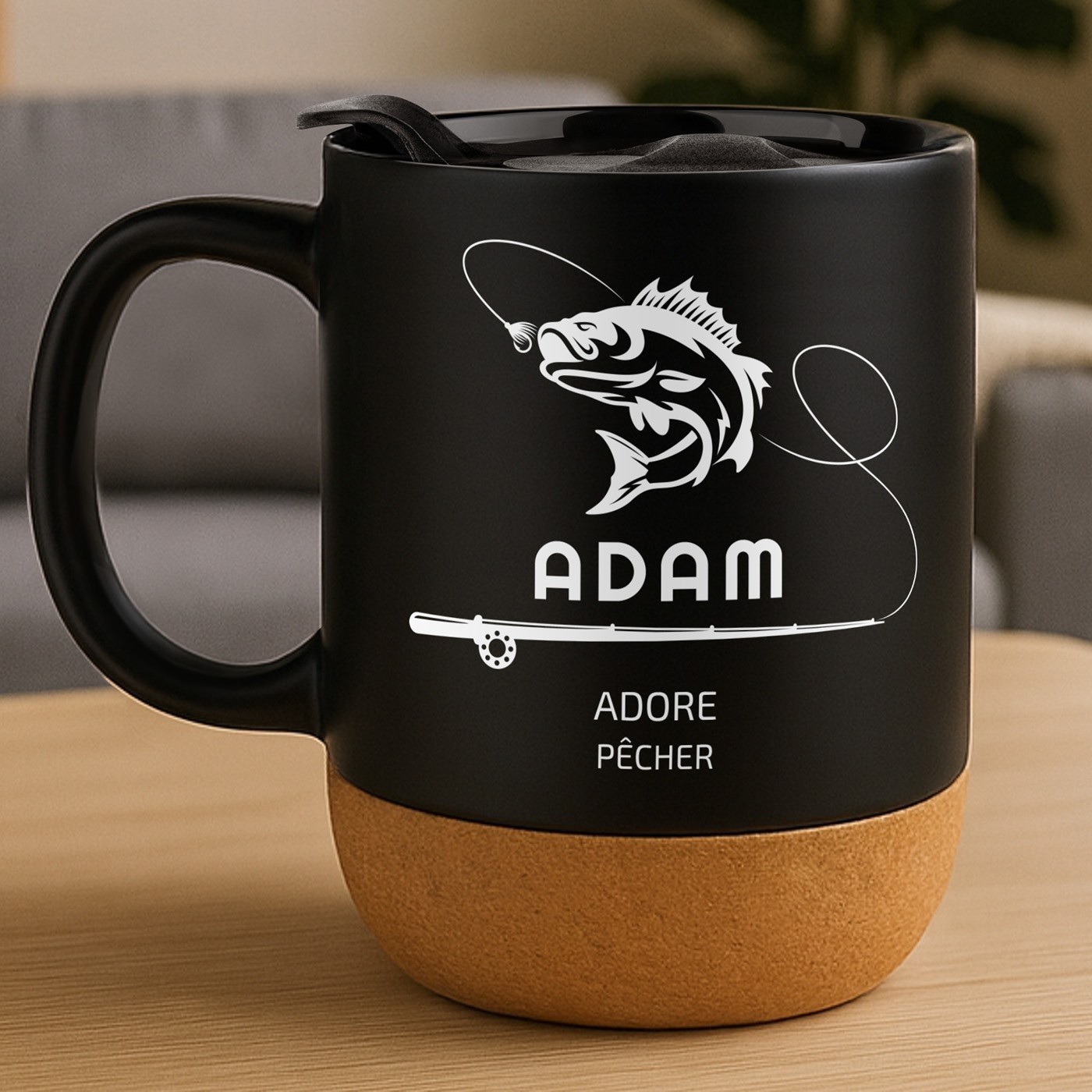 Mug de cerámica negra Murrano con base de corcho y tapa para pescadores