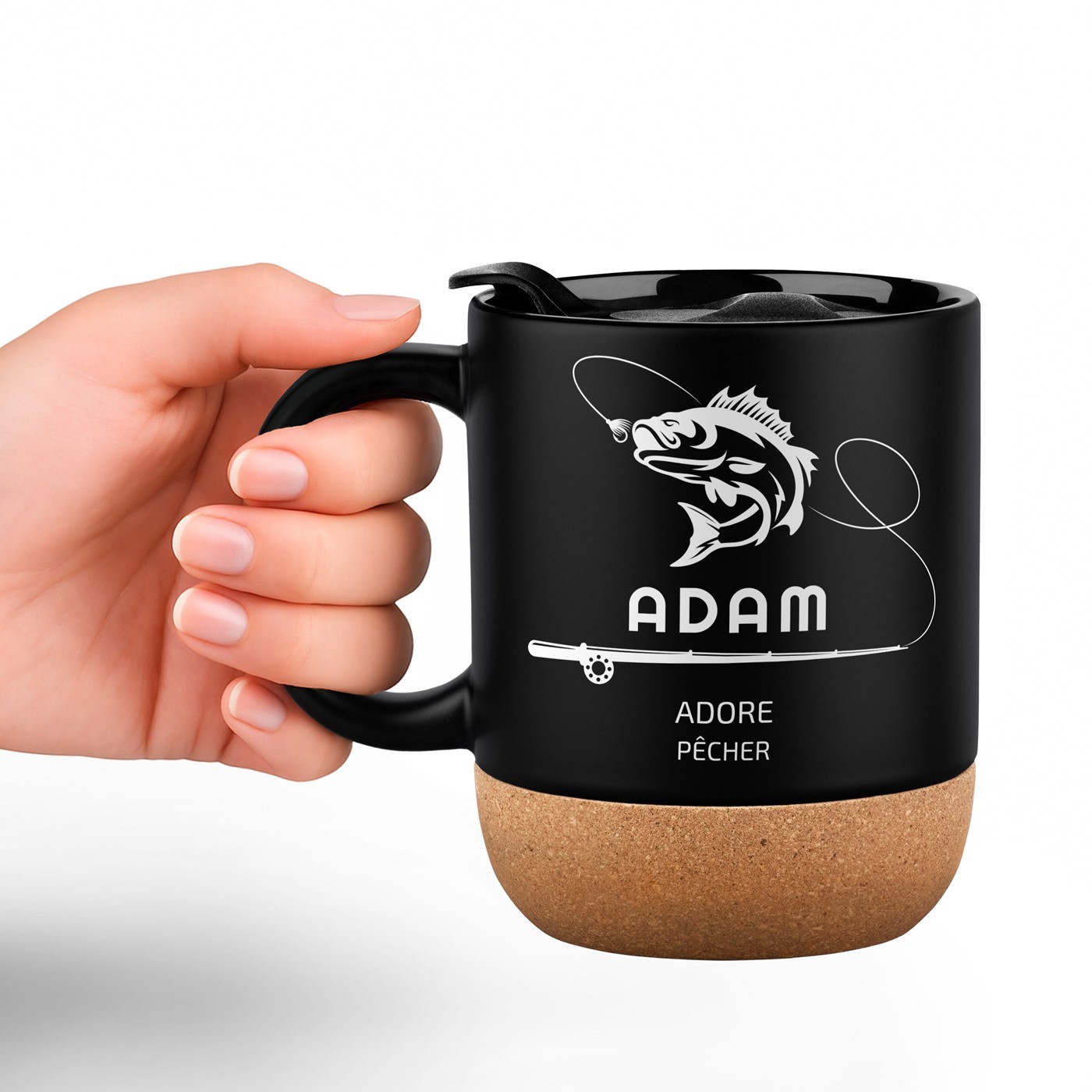 Mug de cerámica negra Murrano con base de corcho y tapa para pescadores