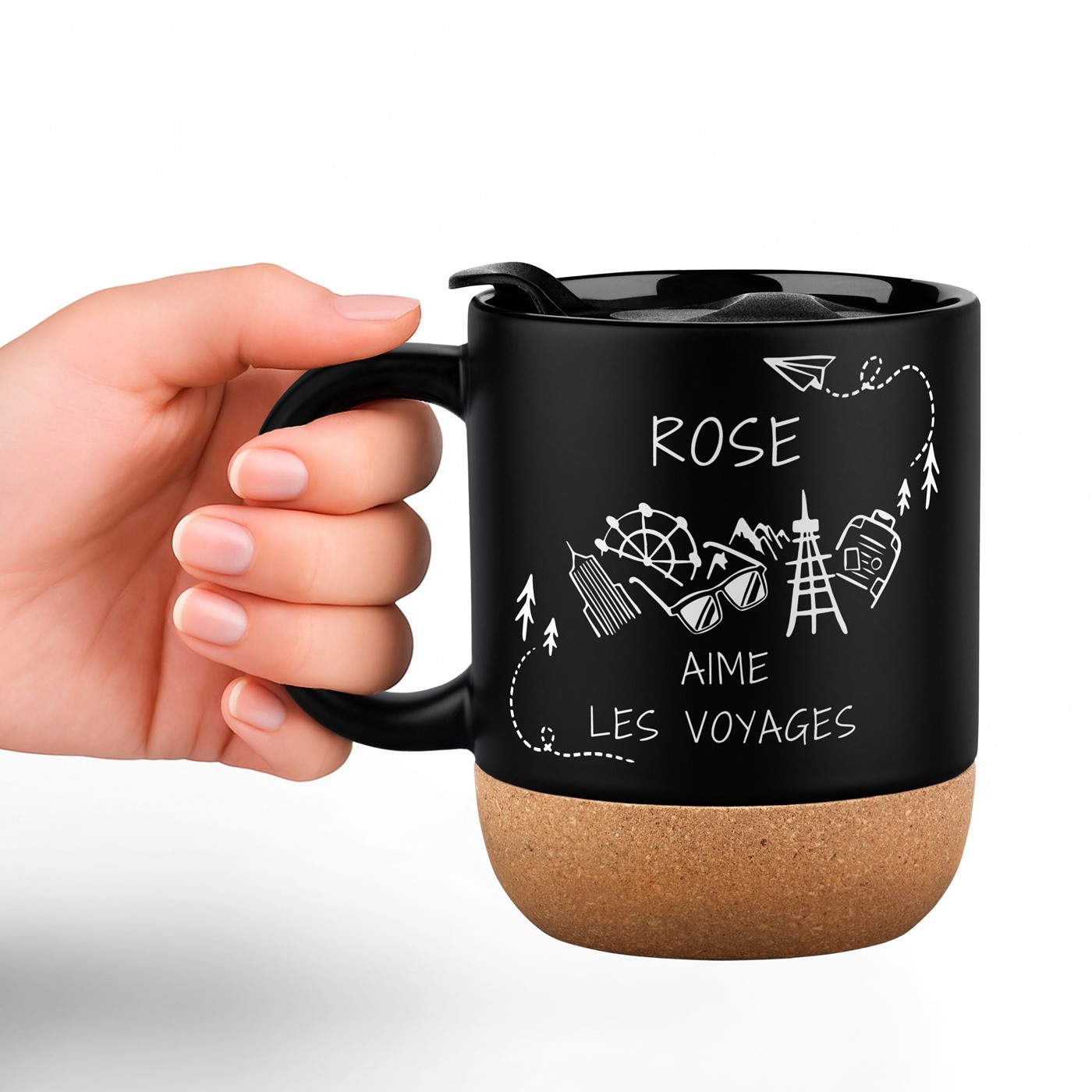 Murrano Black Ceramic Mug with Cork Base and Lid for Adventurer Woman