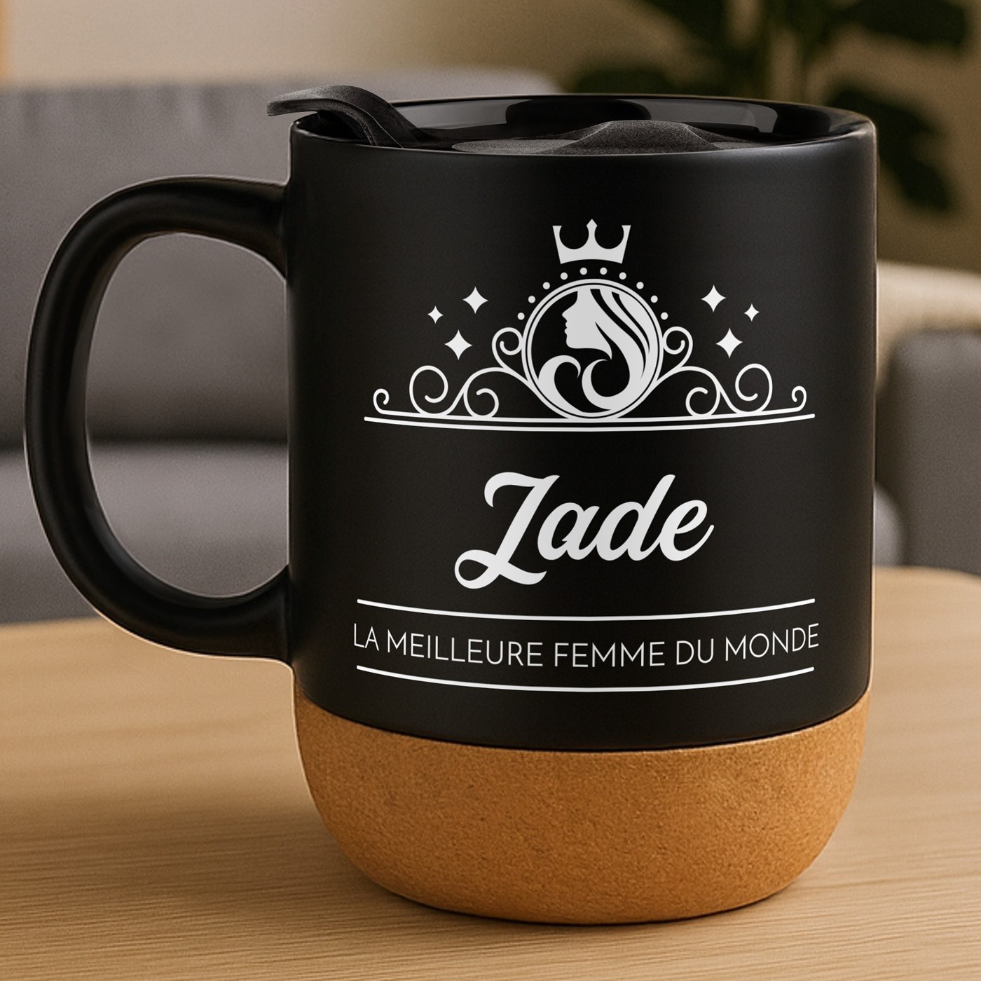 Mug de cerámica negra Murrano con base de corcho y tapa para el cumpleaños de la reina mujer