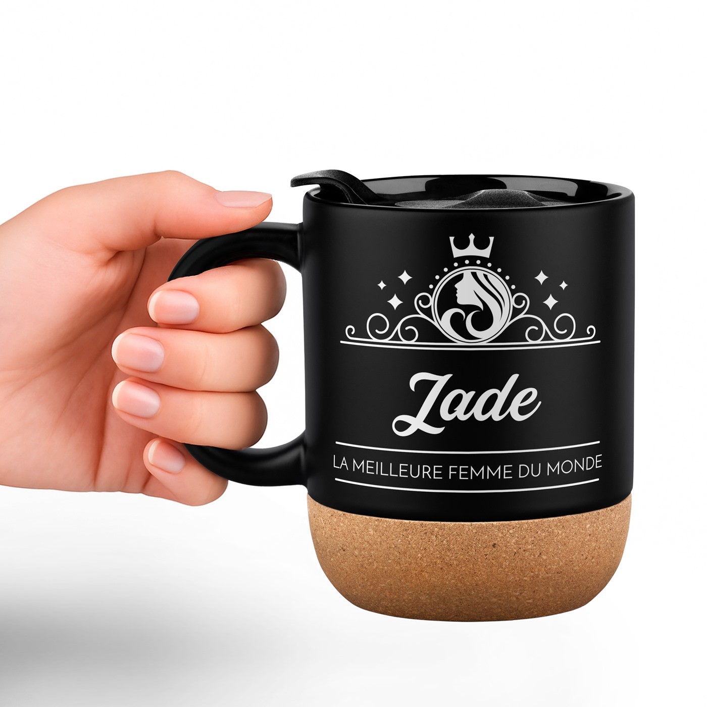 Mug de cerámica negra Murrano con base de corcho y tapa para el cumpleaños de la reina mujer