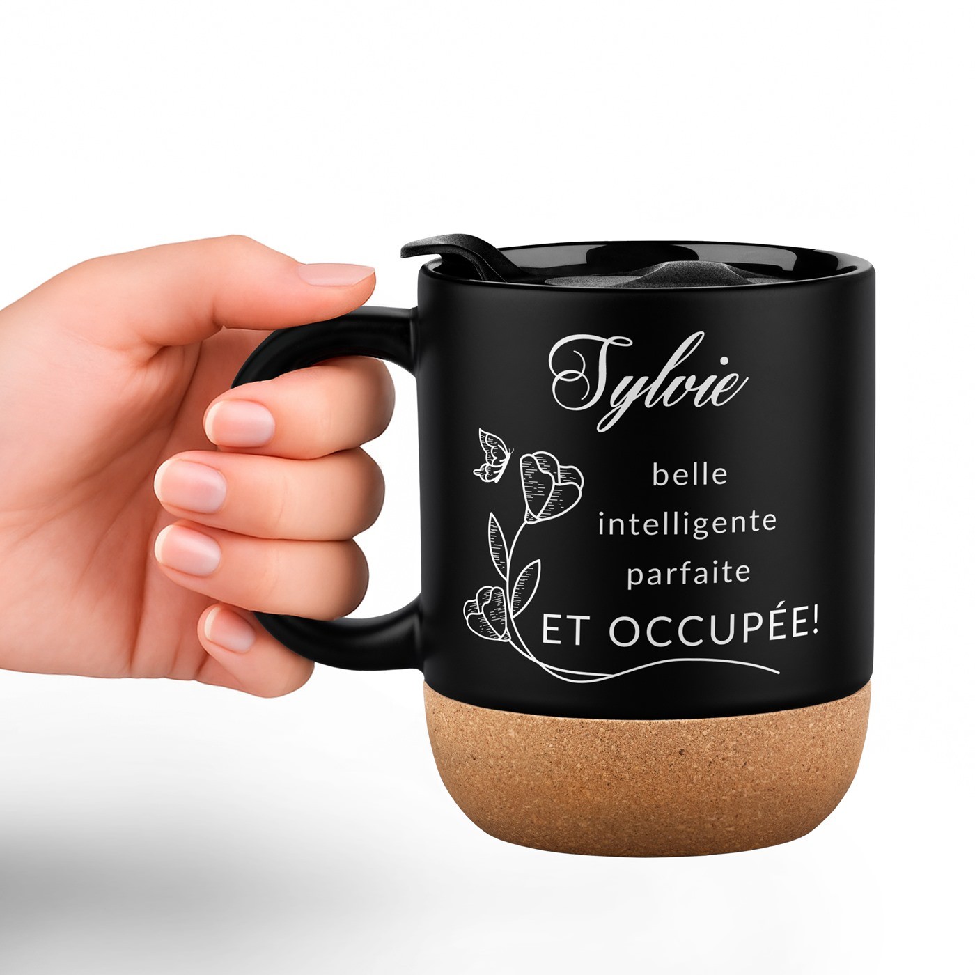 Taza de cerámica negra Murrano con tapa y grabado personalizado para el regalo del cumpleaños de tu novia