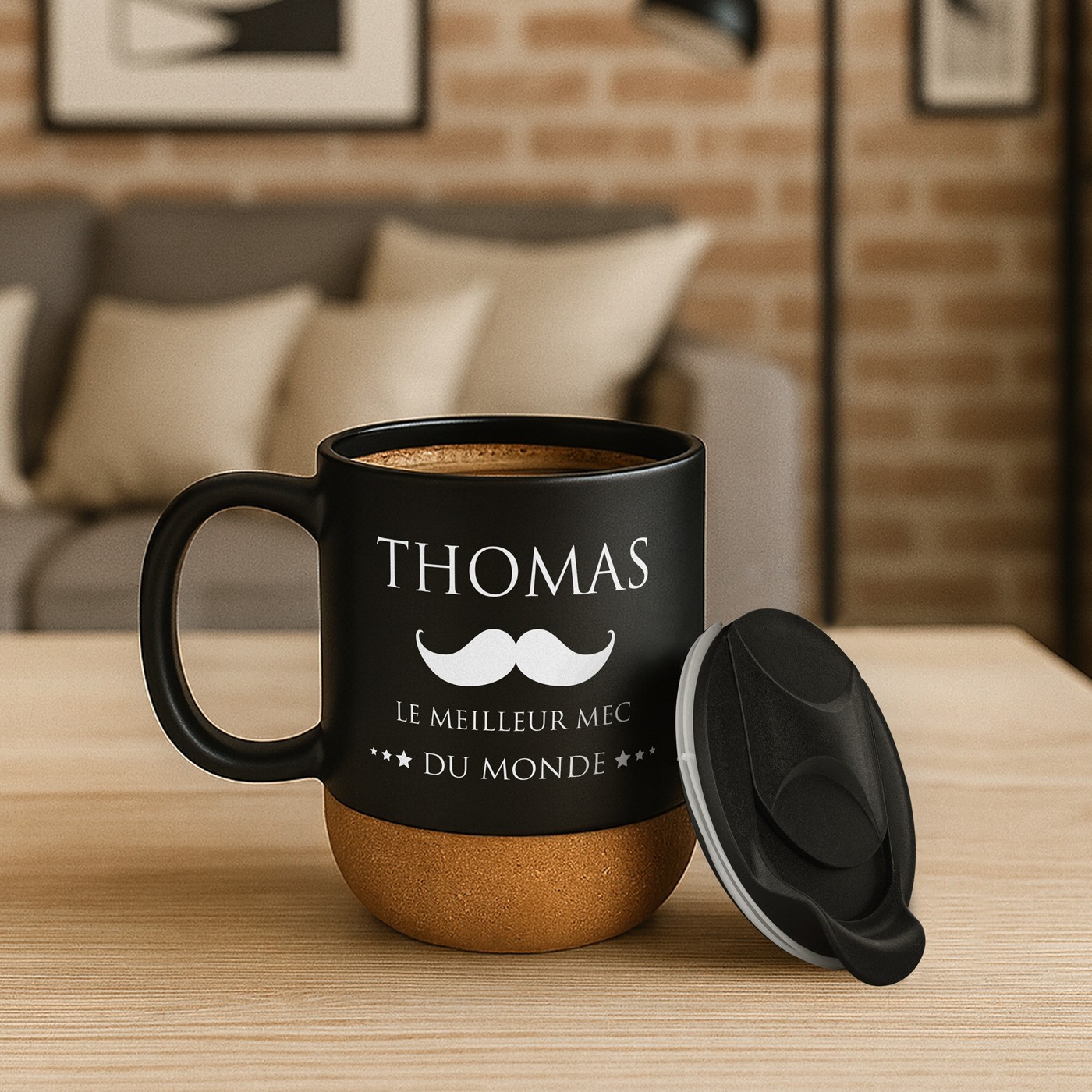 Mug de cerámica negra Murrano con base de corcho y tapa para el cumpleaños de su mejor amigo