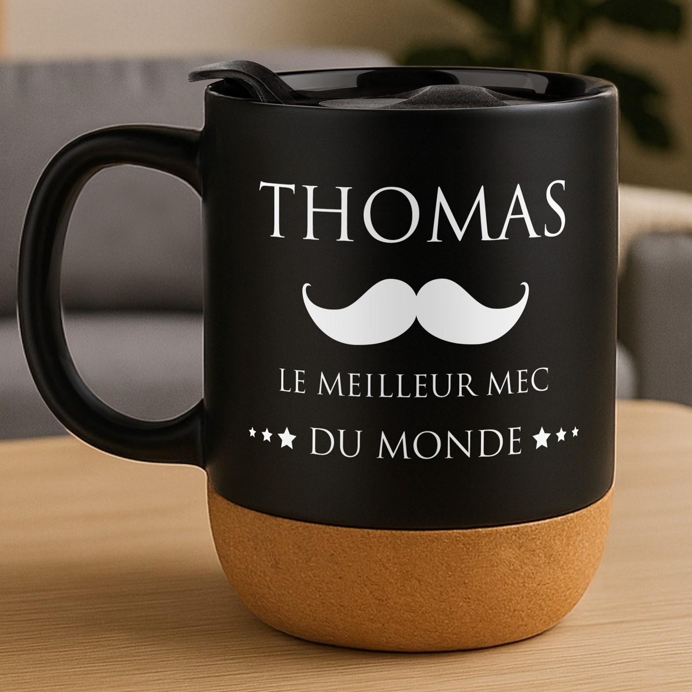 Mug de cerámica negra Murrano con base de corcho y tapa para el cumpleaños de su mejor amigo