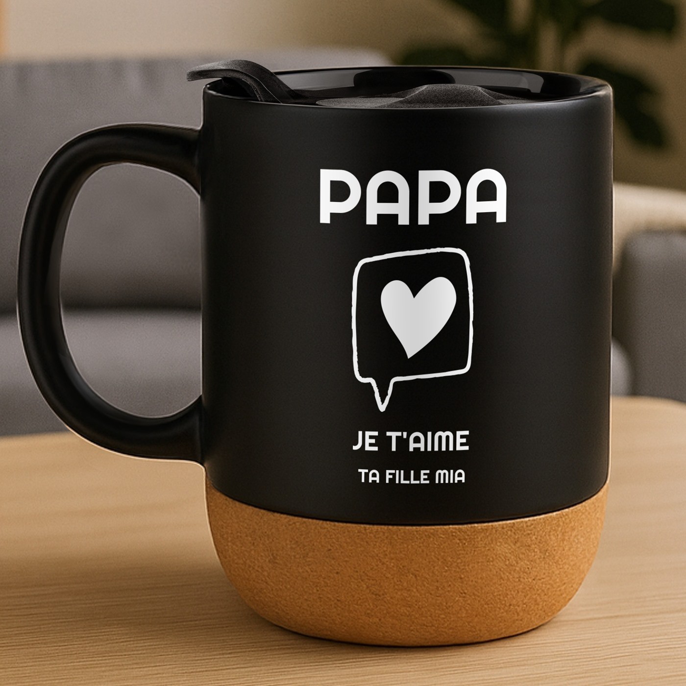 Mug de cerámica negra Murrano con base de corcho y tapa para el Día del Padre
