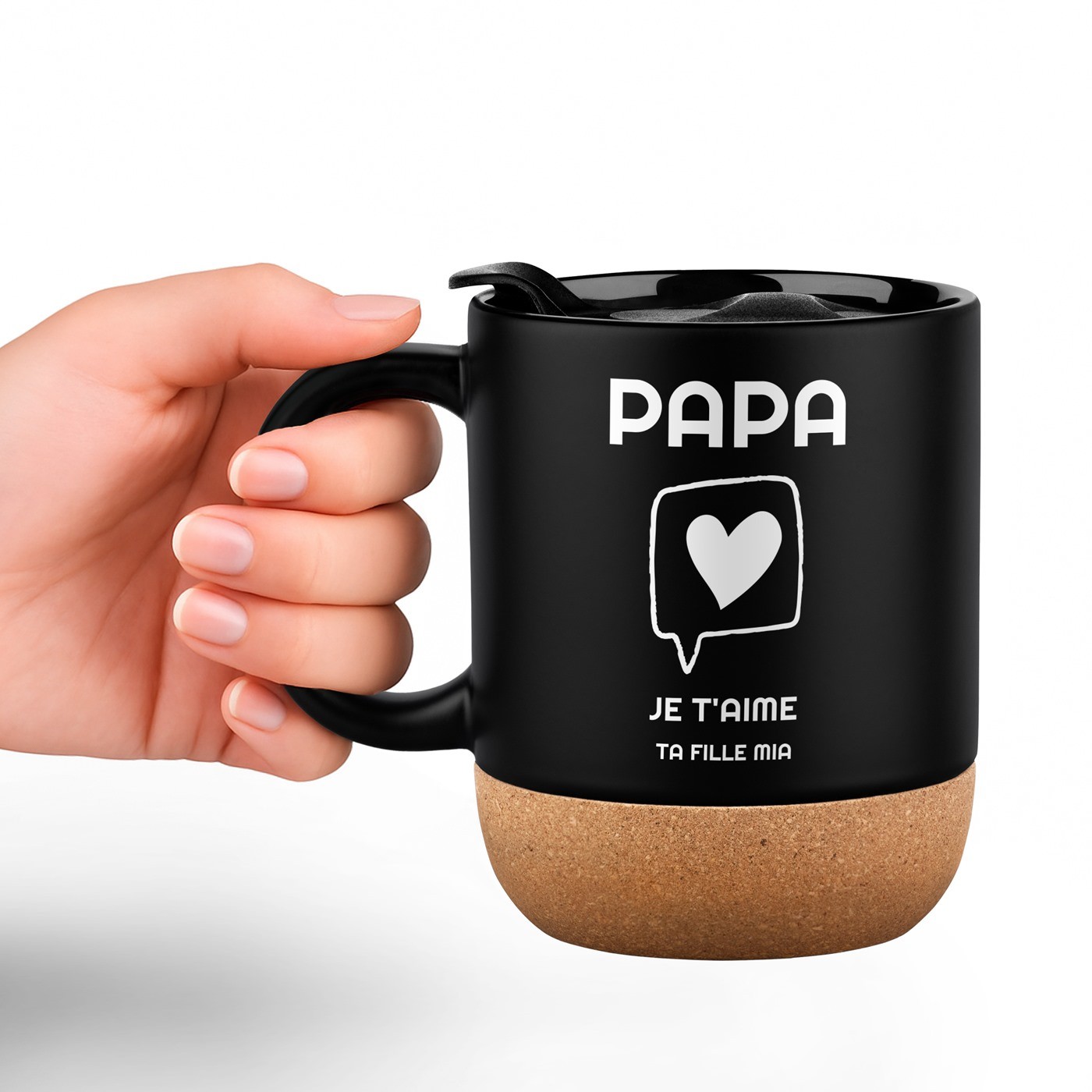 Mug de cerámica negra Murrano con base de corcho y tapa para el Día del Padre