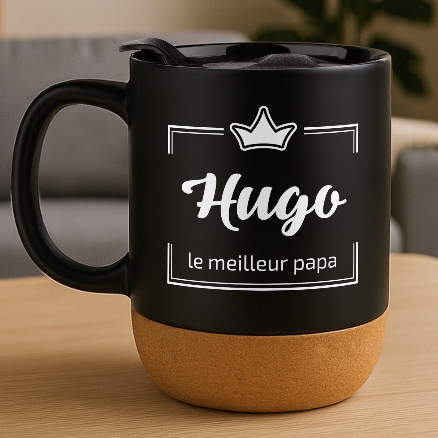 Taza negra Murrano con impresión y tapa para papá - Regalo de aniversario
