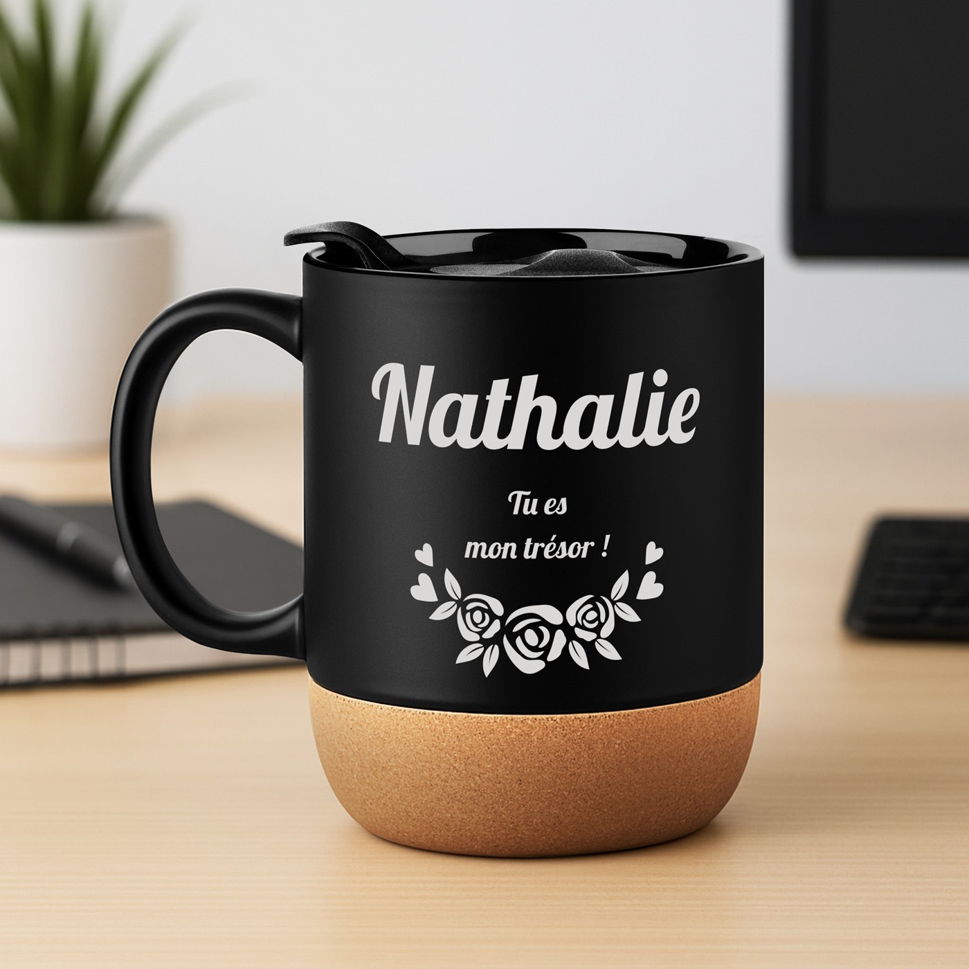 Mug de cerámica negra Murrano con tapa para mujer madre aniversario