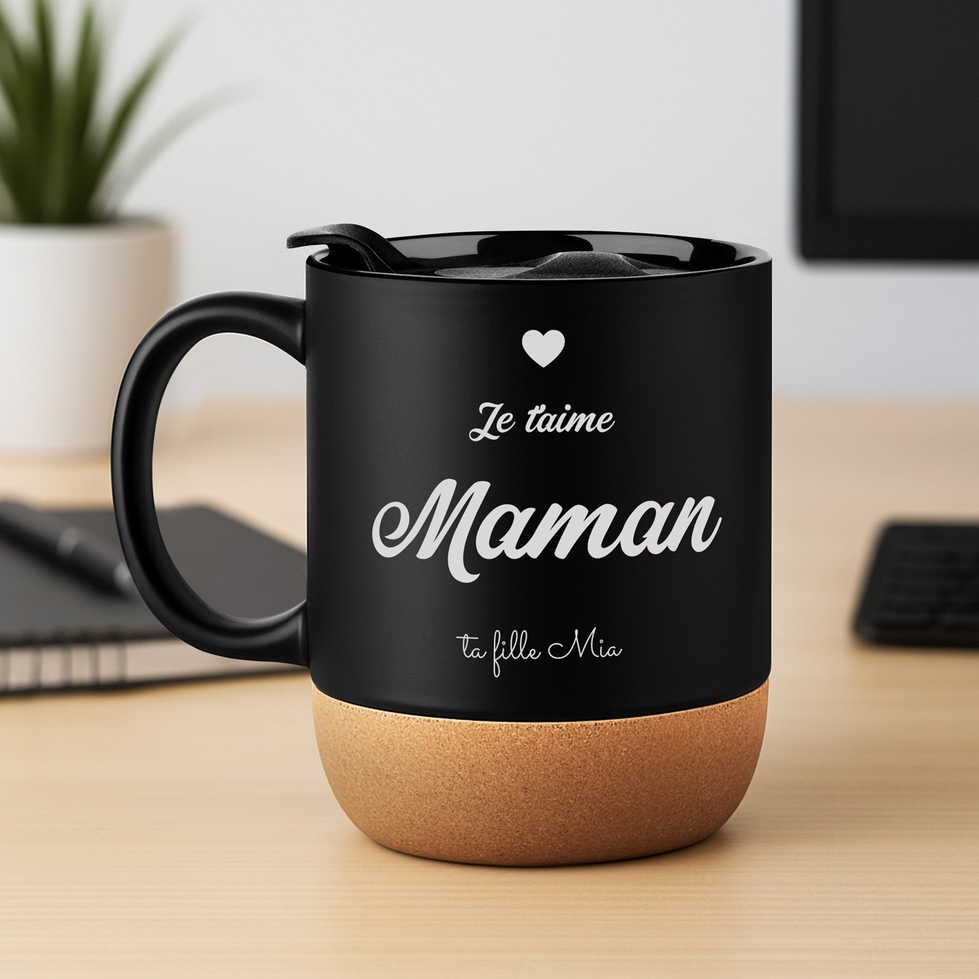 Murrano Black Ceramic Mug with Cork Base and Lid for Mother's Day