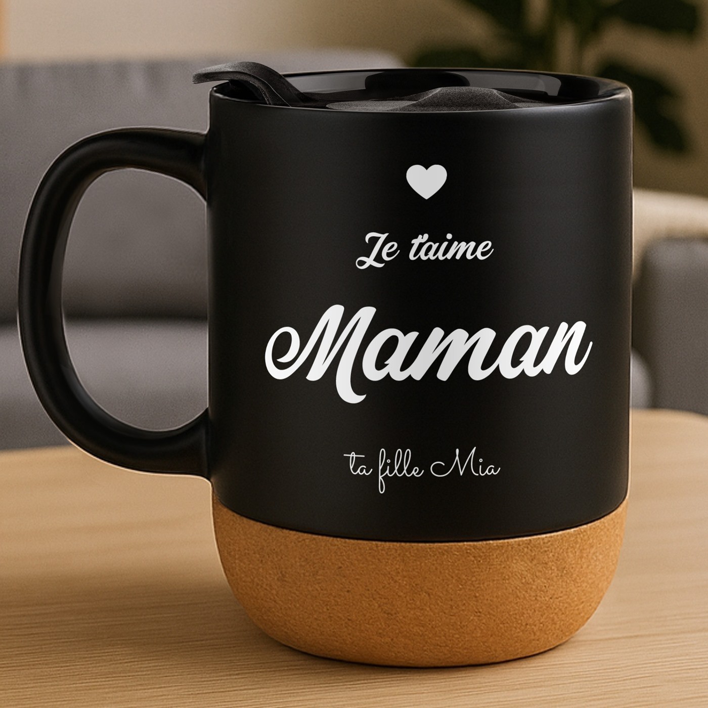 Murrano Black Ceramic Mug with Cork Base and Lid for Mother's Day