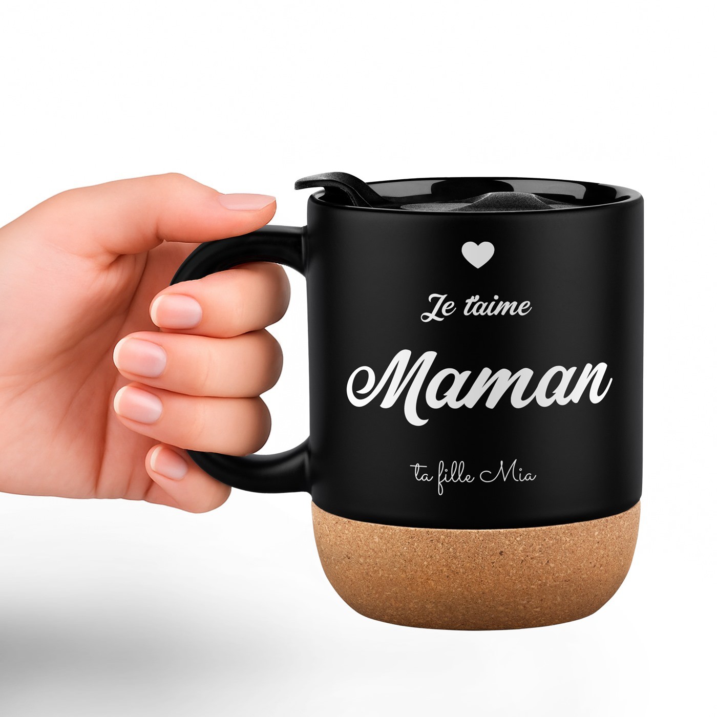 Murrano Black Ceramic Mug with Cork Base and Lid for Mother's Day