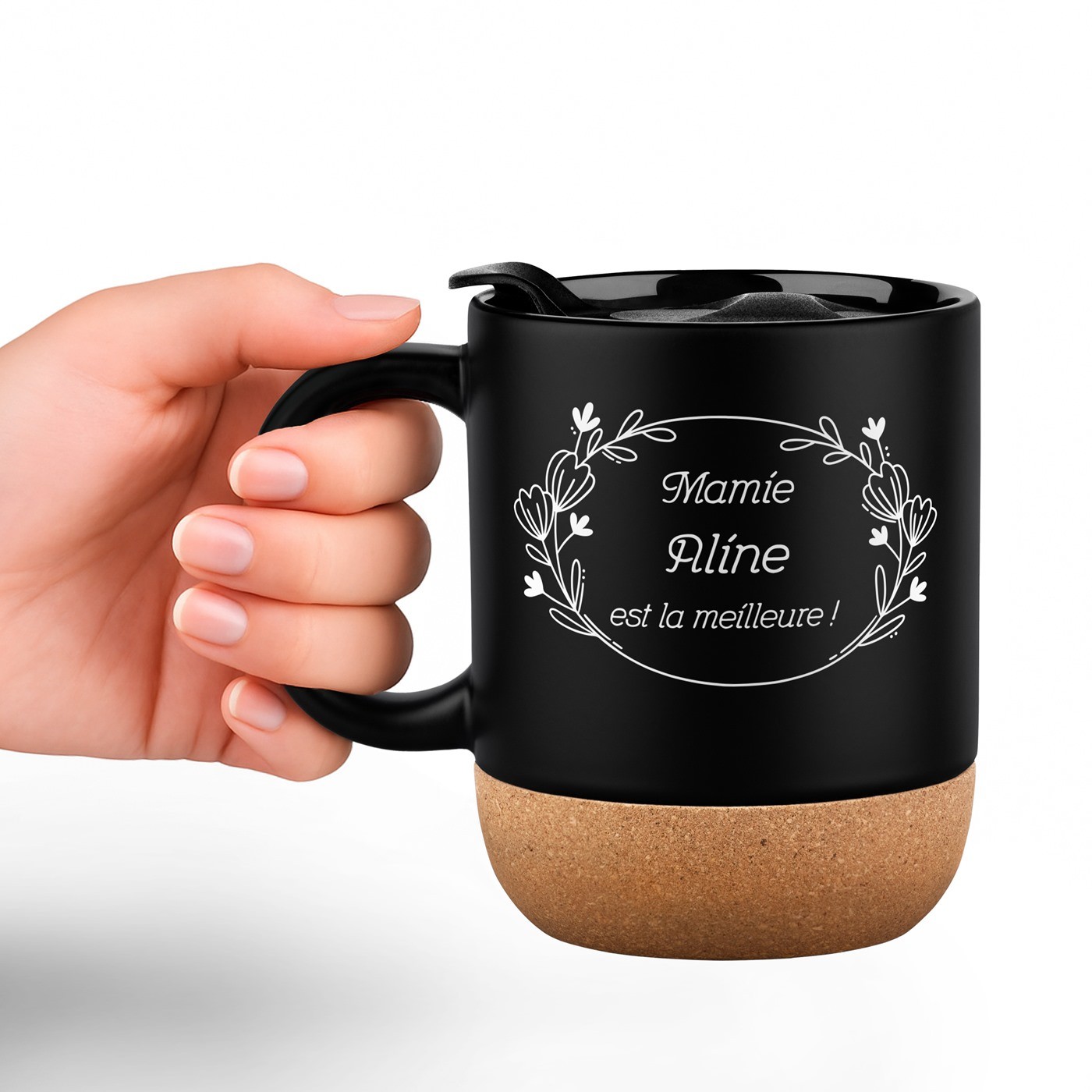 Taza de cerámica negra Murrano con base de corcho y tapa para el cumpleaños de la abuela