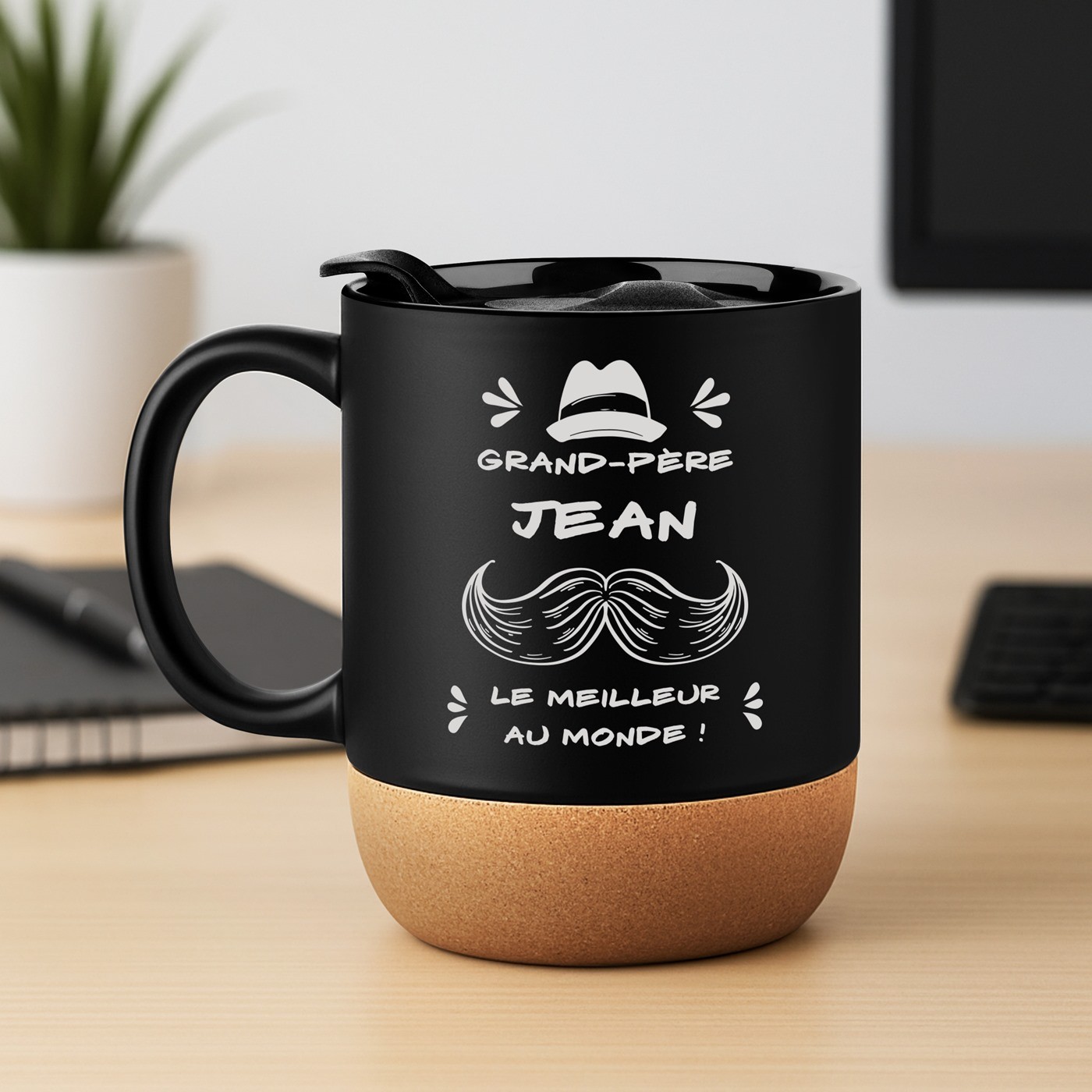 Mug de cerámica negra Murrano con impresión y tapa para el cumpleaños de abuelo