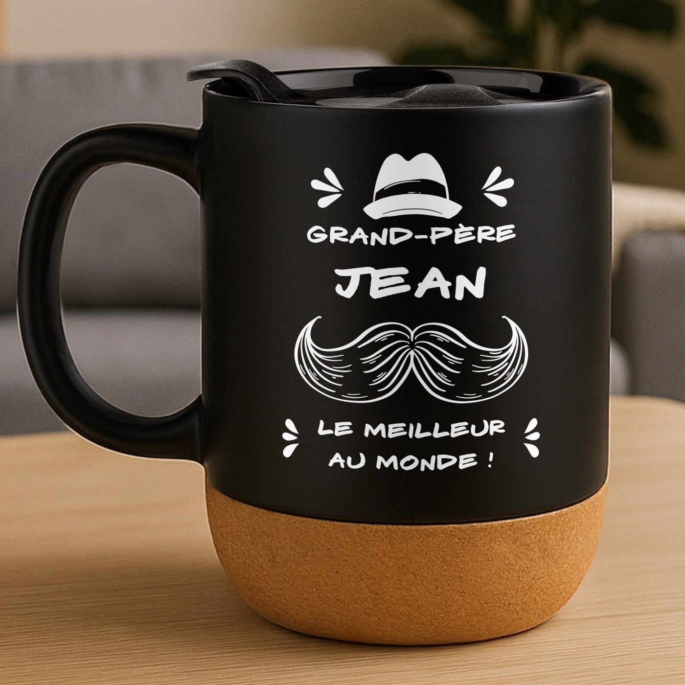 Mug de cerámica negra Murrano con impresión y tapa para el cumpleaños de abuelo