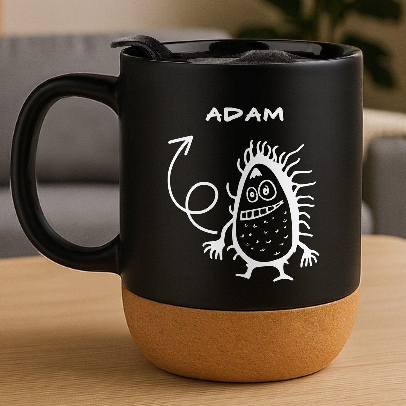 Taza de cerámica negra Murrano con impresión y tapa para el cumpleaños de un niño