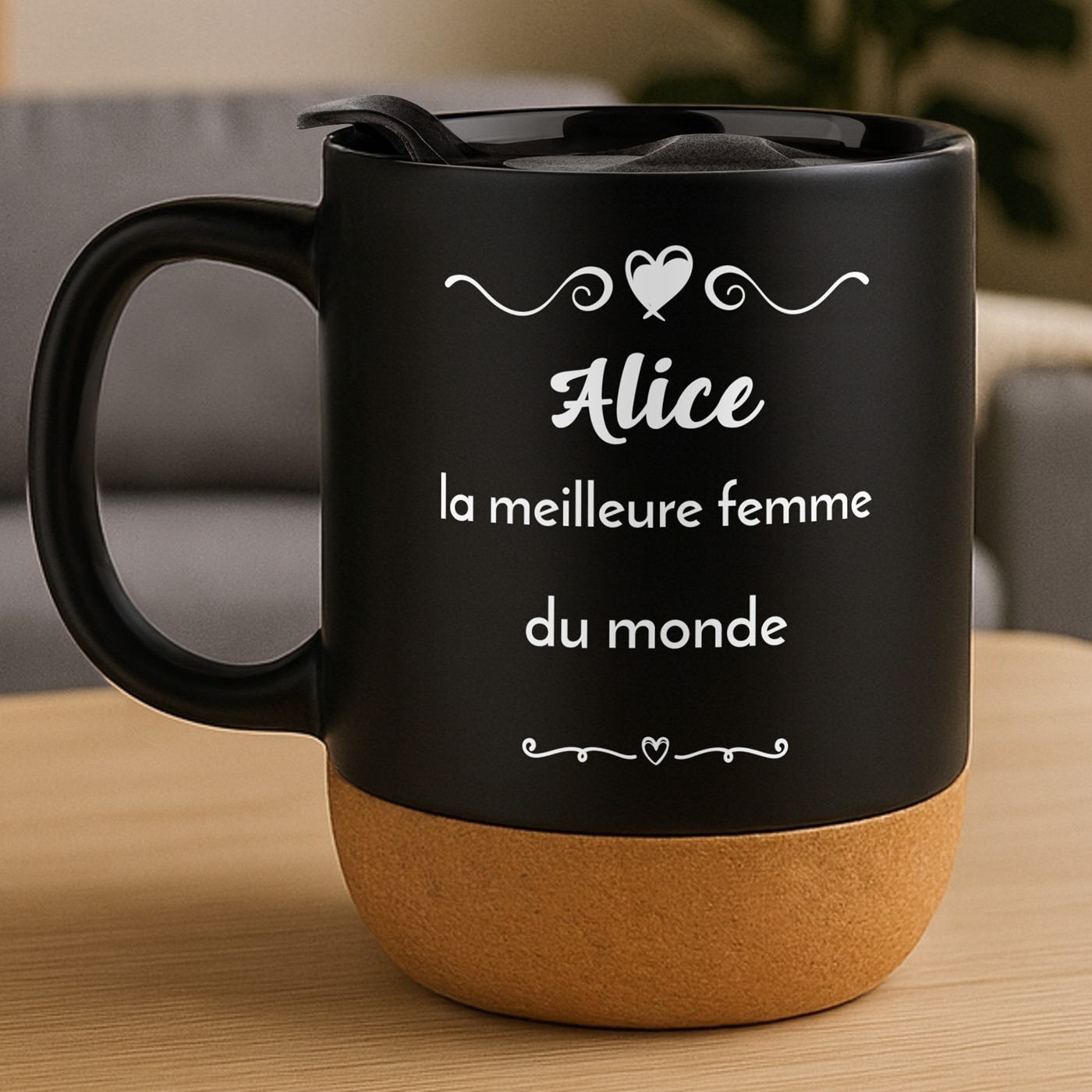 Mug de cerámica negra Murrano con tapa para el Día de San Valentín