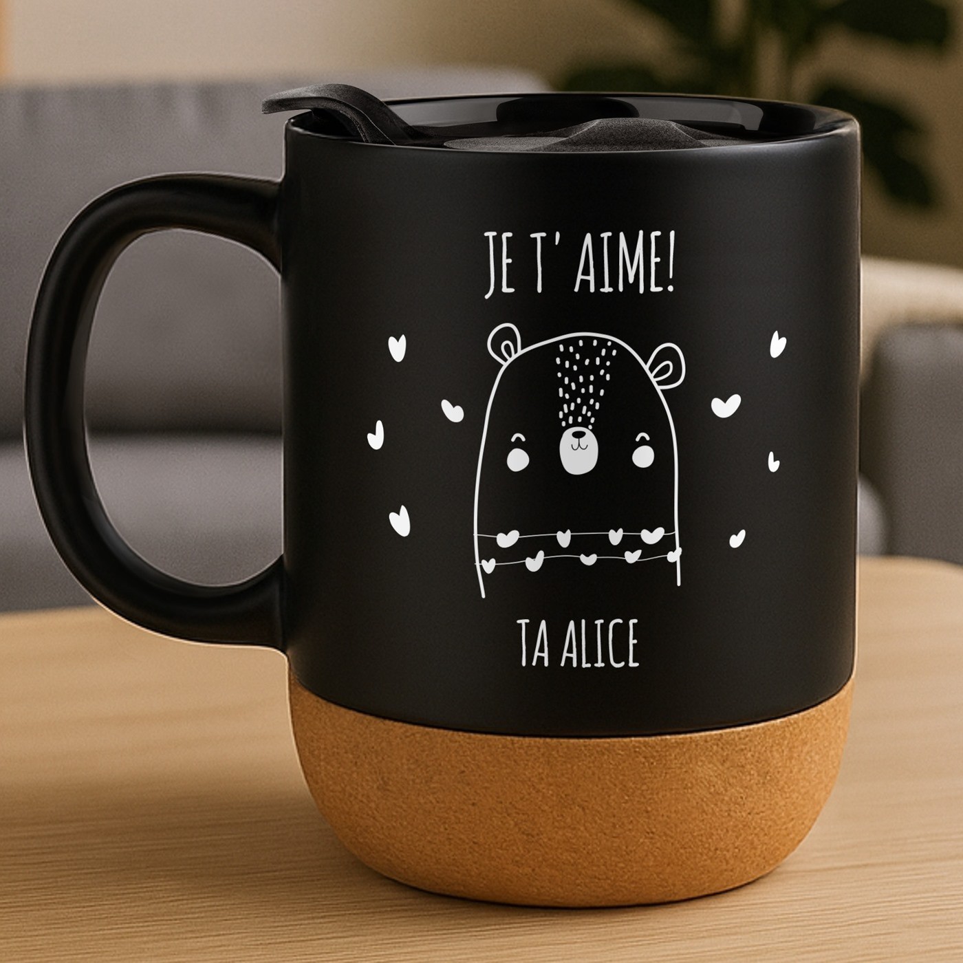 Taza de cerámica negra Murrano con base de corcho y tapa para él
