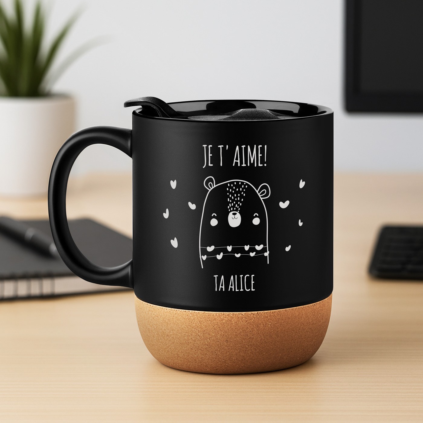 Murrano Black Ceramic Mug with Cork Base and Lid for Him