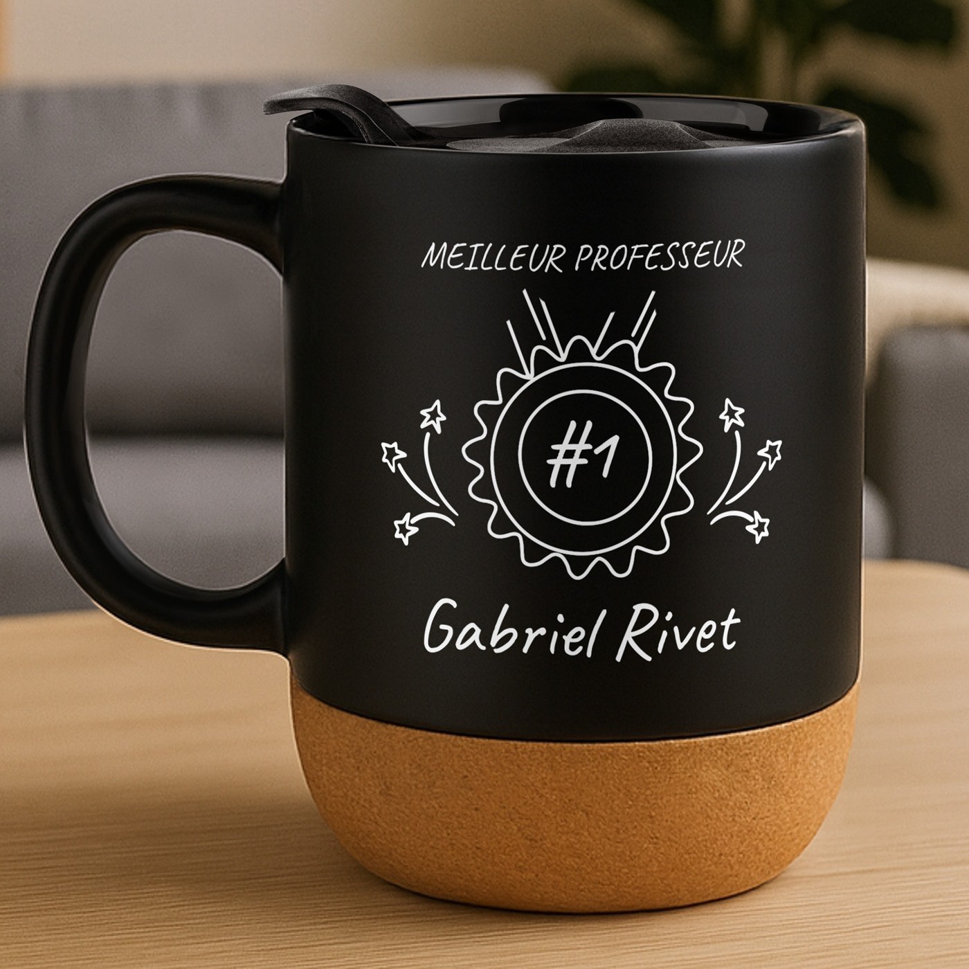 Mug de cerámica negra Murrano con impresión y tapa para profesor