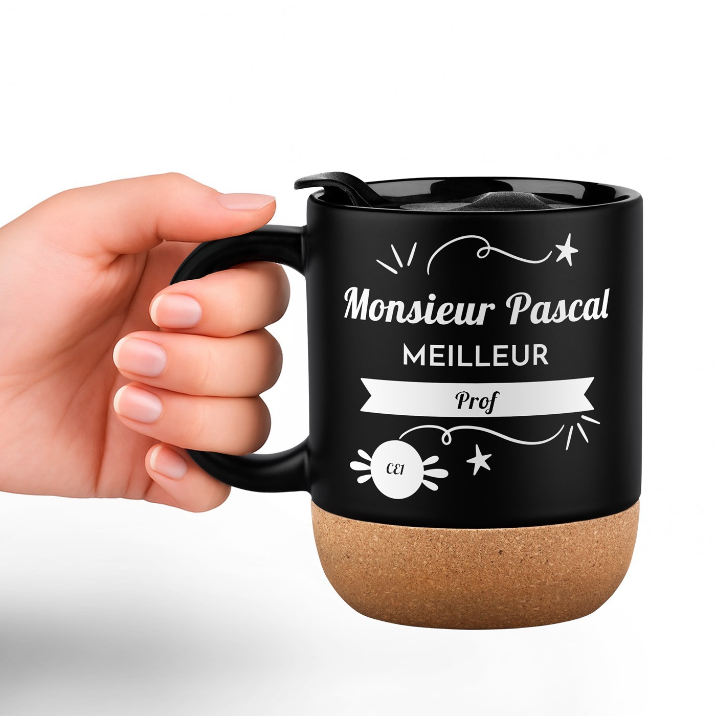Tasse Murrano Noire avec Impression et Couvercle pour le Meilleur Professeur Anniversaire