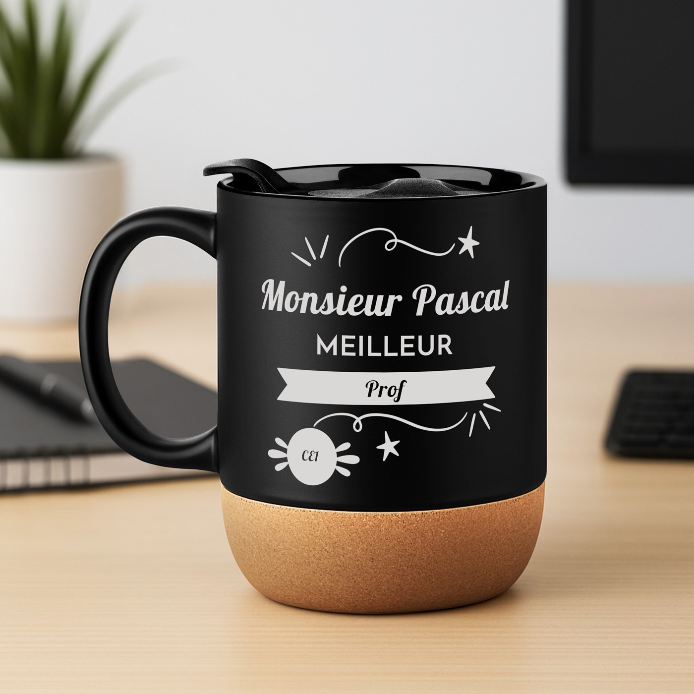 Tasse Murrano Noire avec Impression et Couvercle pour le Meilleur Professeur Anniversaire