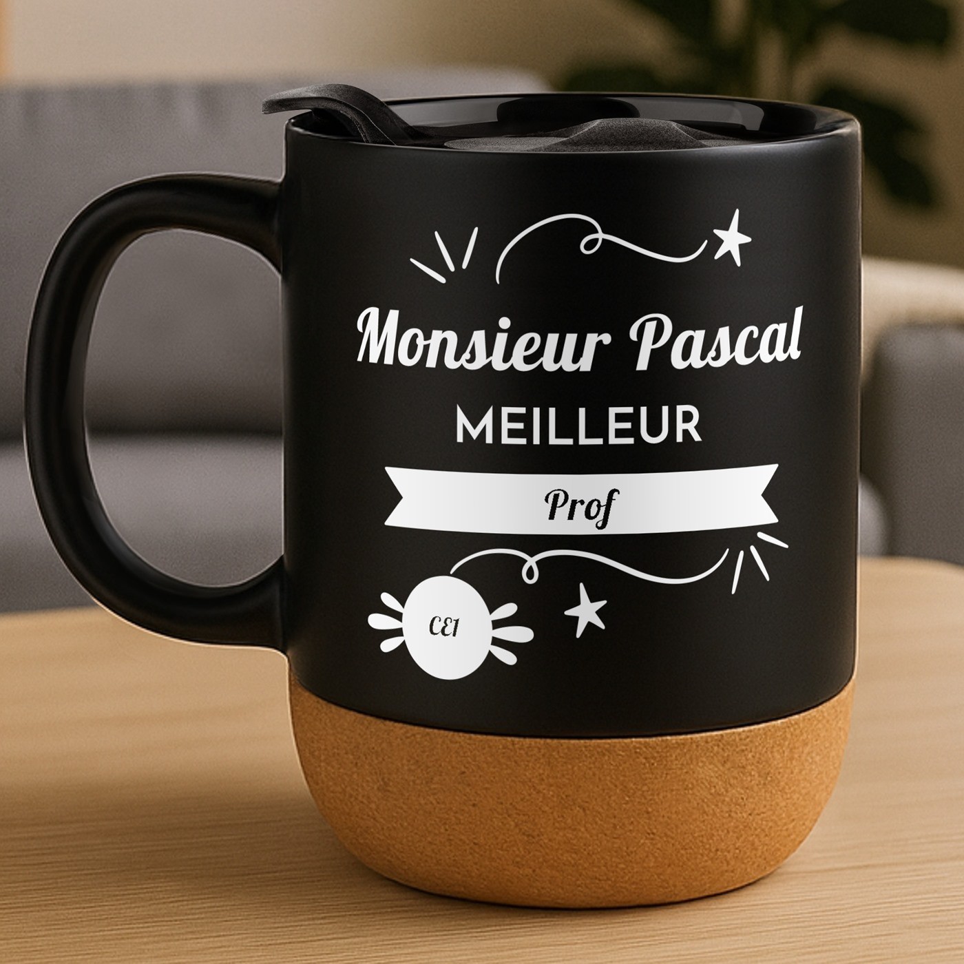 Taza Murrano Negra con Impresión y Tapa para el Mejor Profesor de Cumpleaños