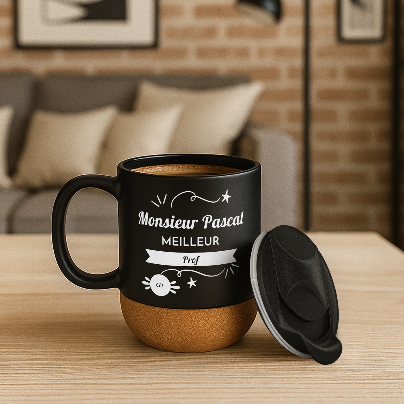 Tasse Murrano Noire avec Impression et Couvercle pour le Meilleur Professeur Anniversaire