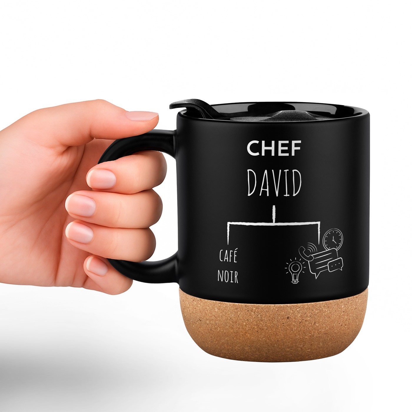 Mug de cerámica negra Murrano con base de corcho y tapa para el aniversario del presidente