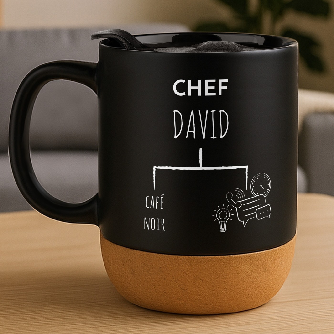 Mug de cerámica negra Murrano con base de corcho y tapa para el aniversario del presidente