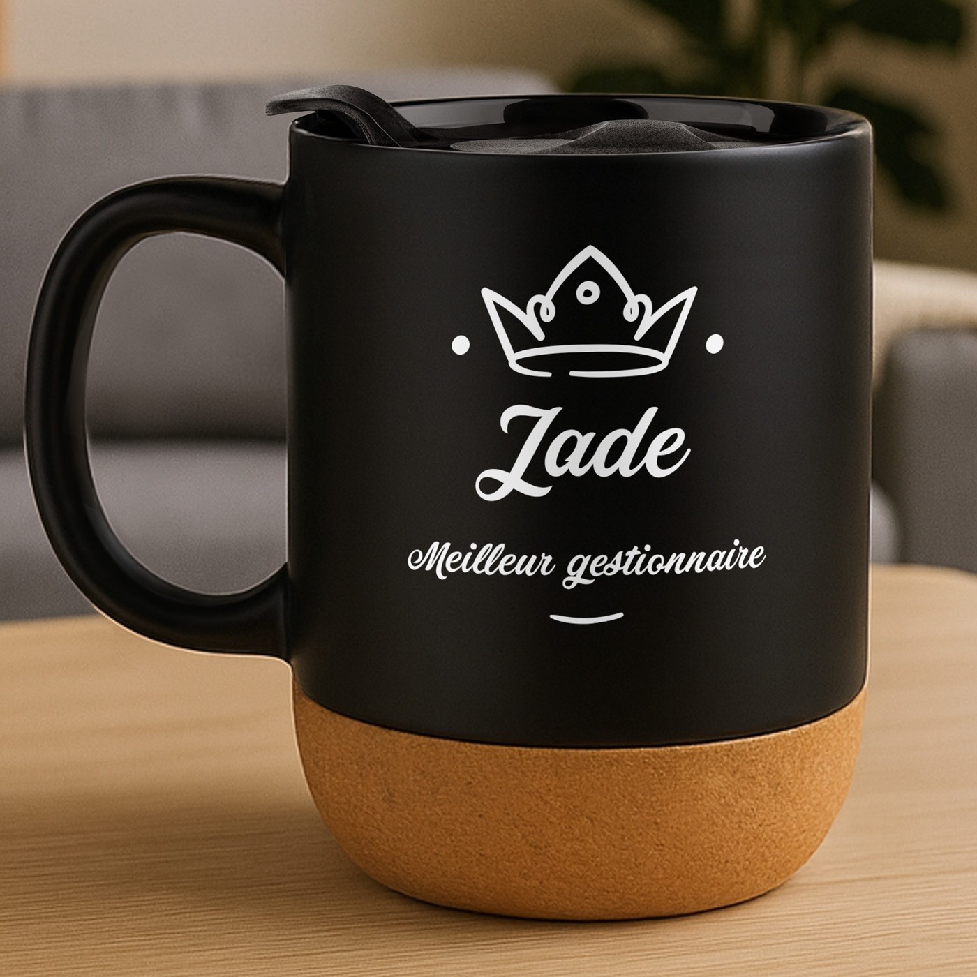 Mug de cerámica negra Murrano con base de corcho y tapa para mujeres