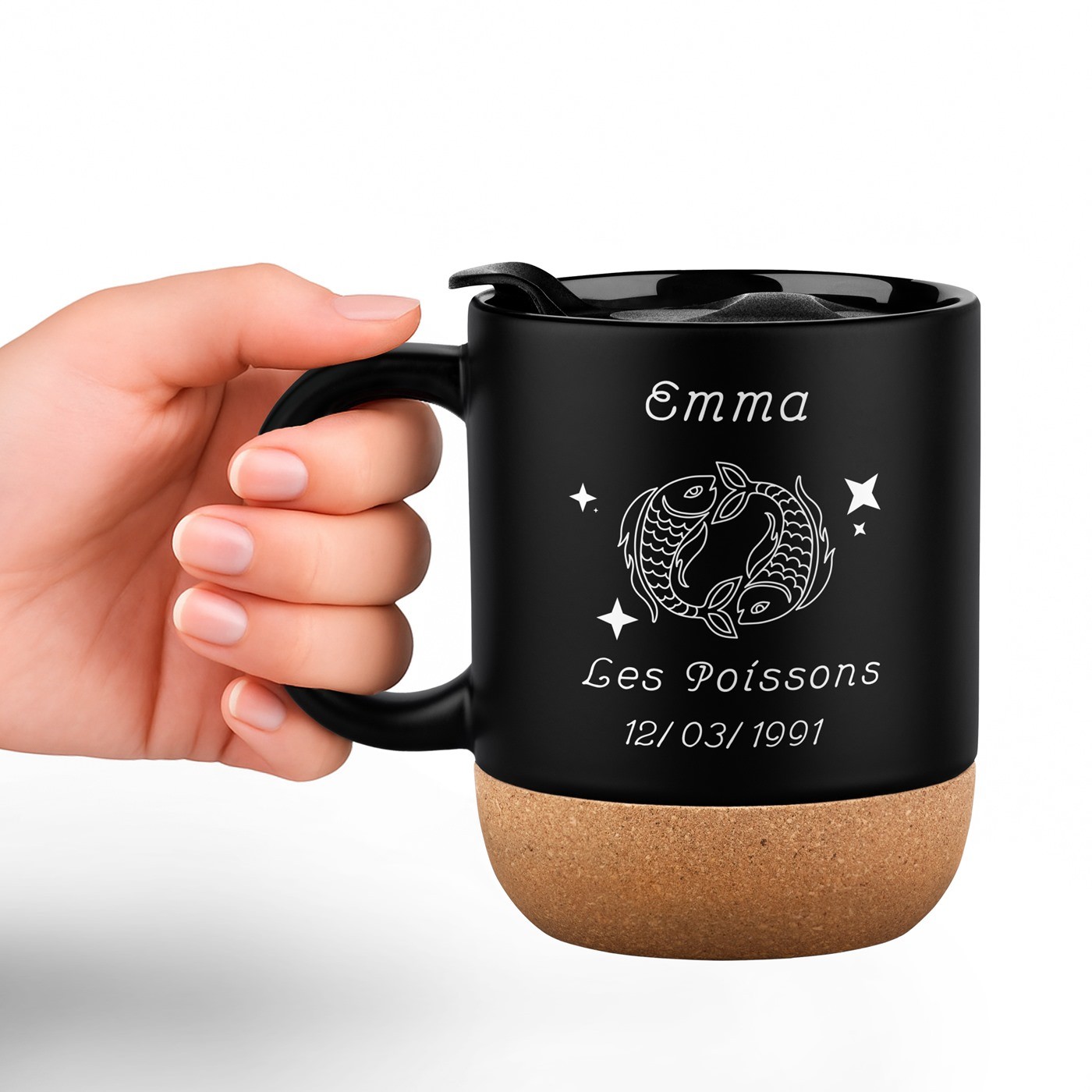 Mug de cerámica negra Murrano con horóscopo y tapa para mujer - Cumpleaños